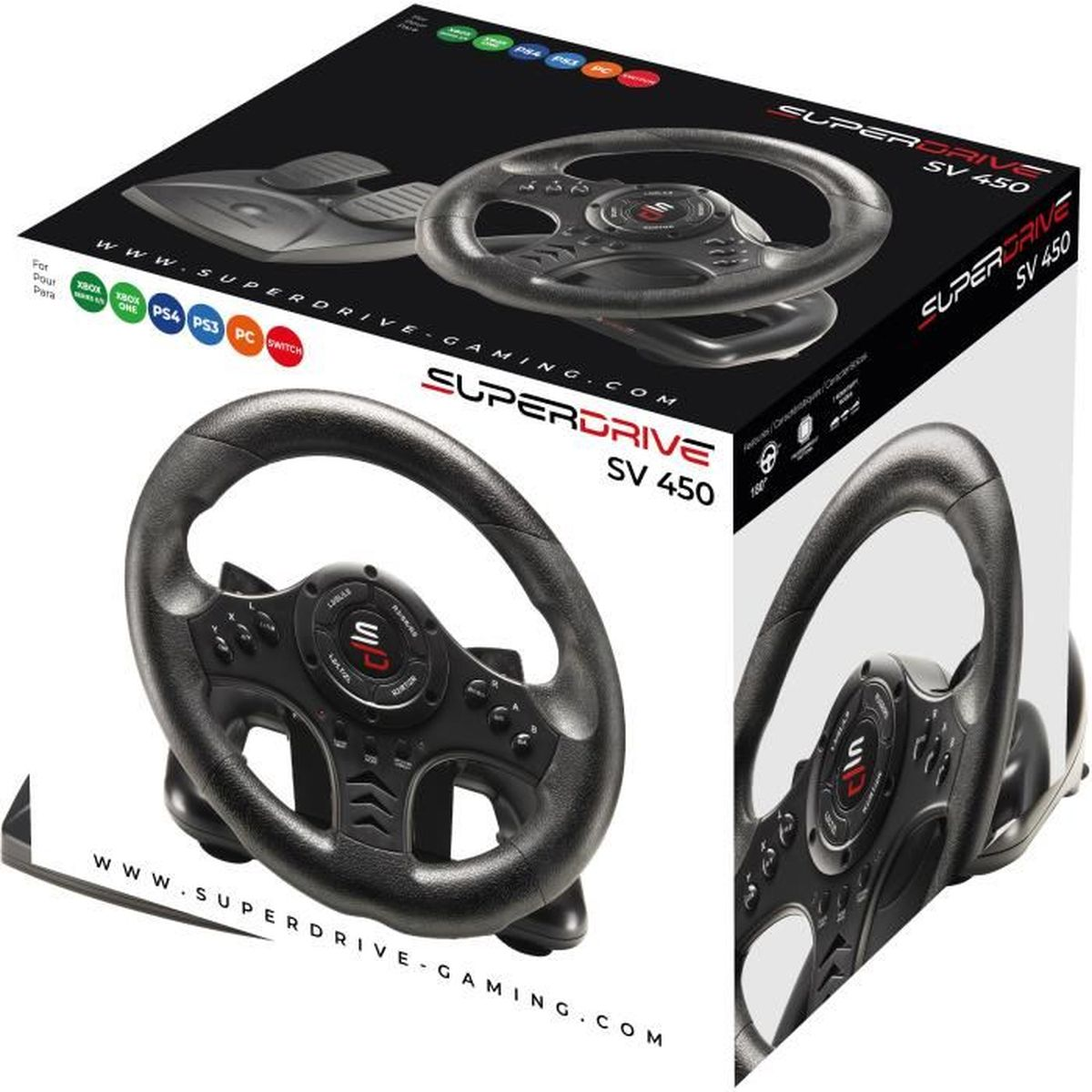 Ein schwarzes Superdrive SV 450 Gaming-Lenkrad mit einer schwarz-weißen Box. Die Box listet die Kompatibilität mit verschiedenen Gaming-Plattformen auf.