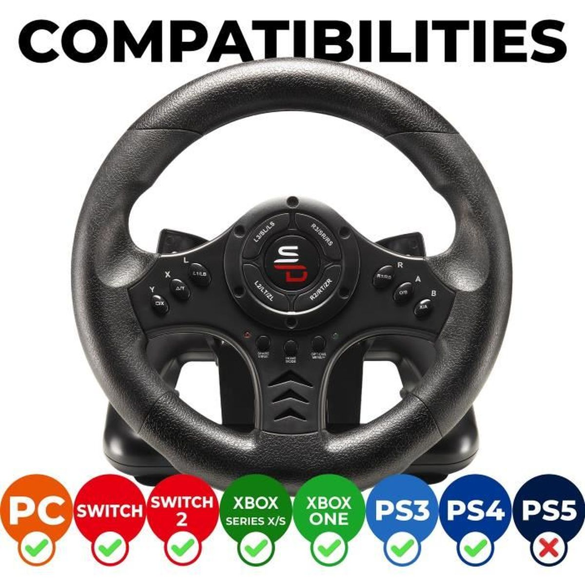 Ein schwarzes Lenkrad mit Knöpfen wird angezeigt. Darunter befinden sich Logos für PC-, Switch-, Xbox- und PlayStation-Konsolen, die die Kompatibilität anzeigen.