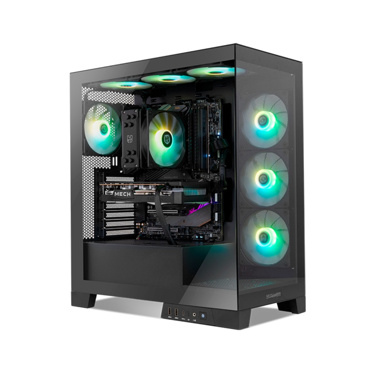 Obudowa komputera z wentylatorami i komponentami wewnątrz. Wentylatory mają zielone i niebieskie światła. Obudowa jest czarna ze szklanym panelem bocznym.