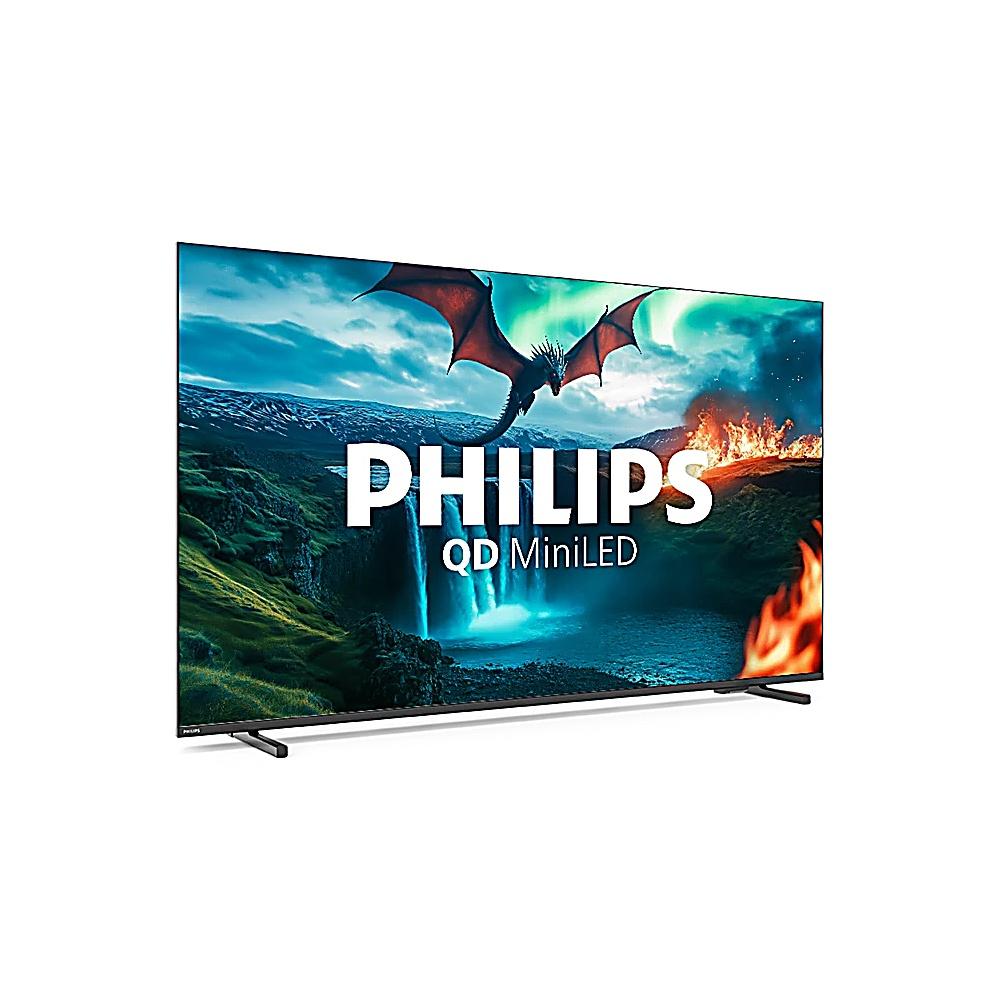 Un téléviseur Philips QD MiniLED affiche un dragon au-dessus d'une scène de cascade avec du feu à droite. Le téléviseur a des pieds noirs.