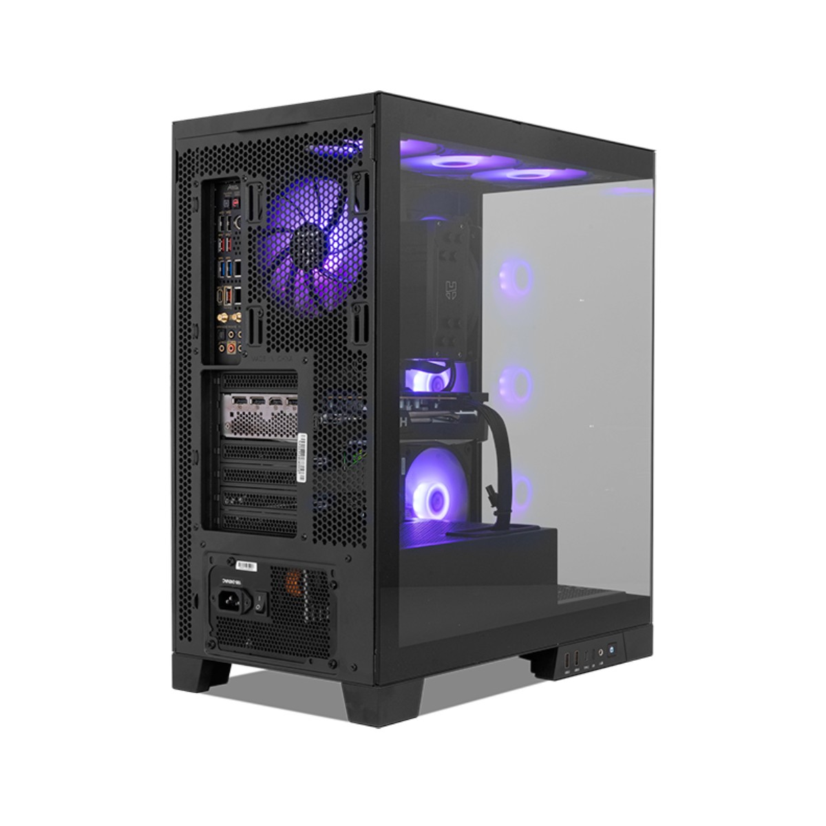 Czarna obudowa komputera ze szklanym panelem bocznym. Ma fioletowe światła w środku, wentylator i widoczne komponenty.