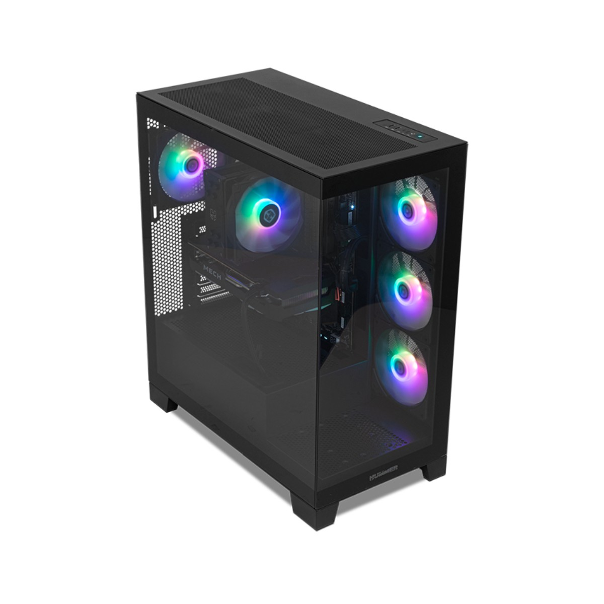 Czarna obudowa komputera ze szklanymi panelami bocznymi. Posiada wentylatory z kolorowymi światłami i górny panel z siatki. Obudowa stoi na białym tle.