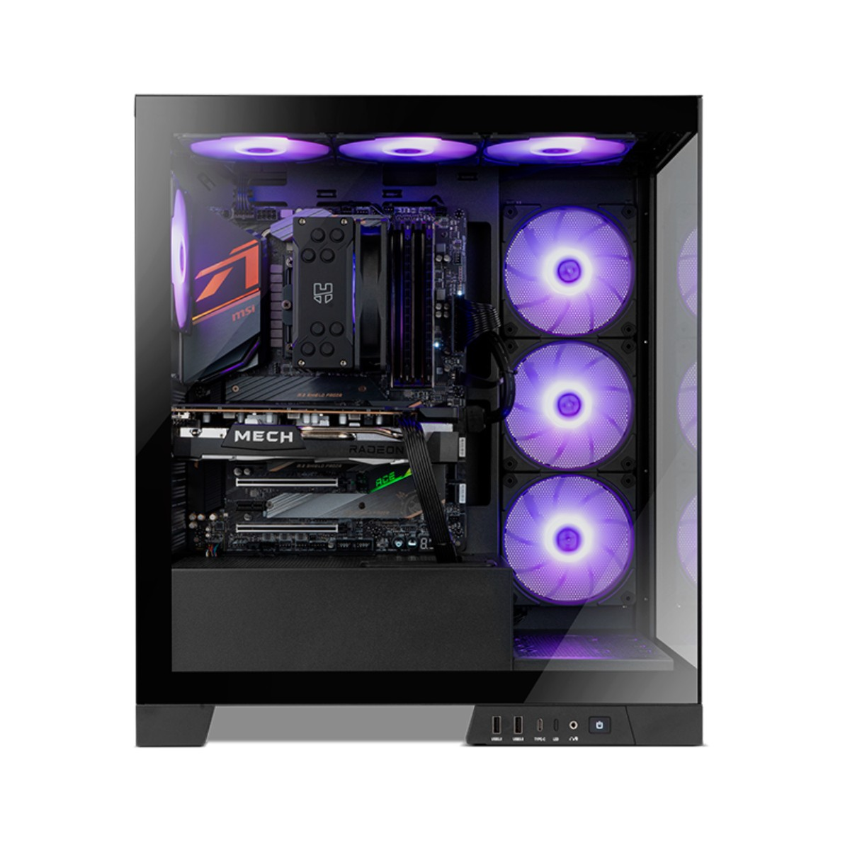 Obudowa komputera z wewnętrznymi komponentami podświetlonymi fioletowymi diodami LED. Widoczne elementy to chłodzenie procesora, wentylatory i karta graficzna.