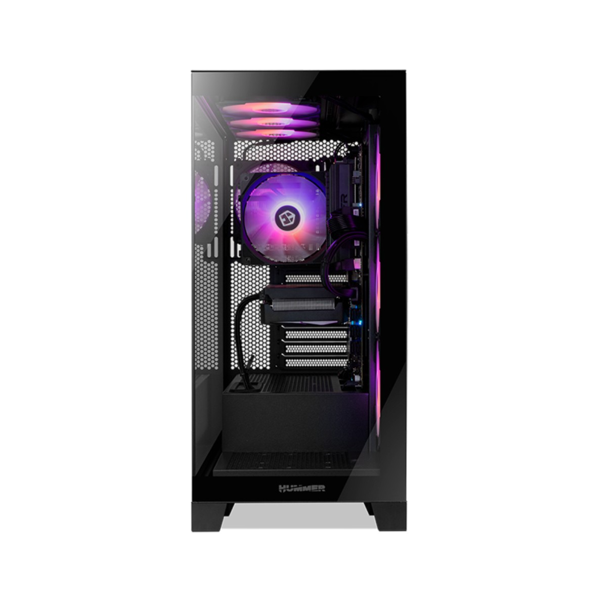 Wieża komputera z szklanym panelem bocznym. Wewnątrz chłodnica CPU świeci na fioletowo. Widoczne wentylatory i komponenty.