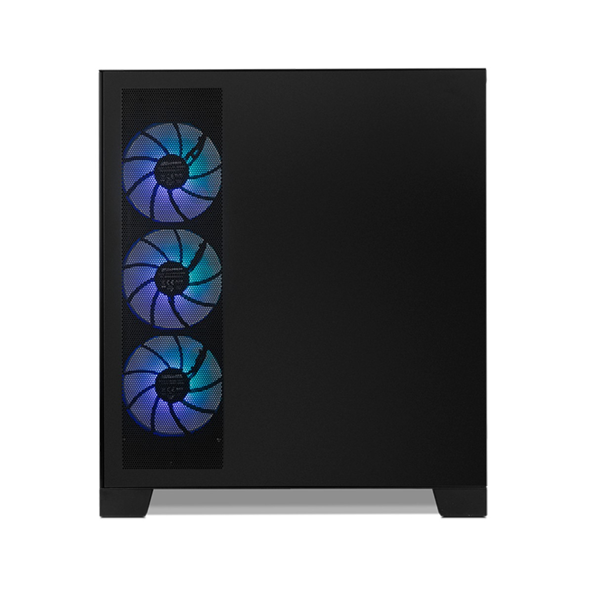 Czarna obudowa komputera z trzema podświetlanymi wentylatorami po lewej stronie. Wentylatory mają niebieskie i turkusowe oświetlenie.