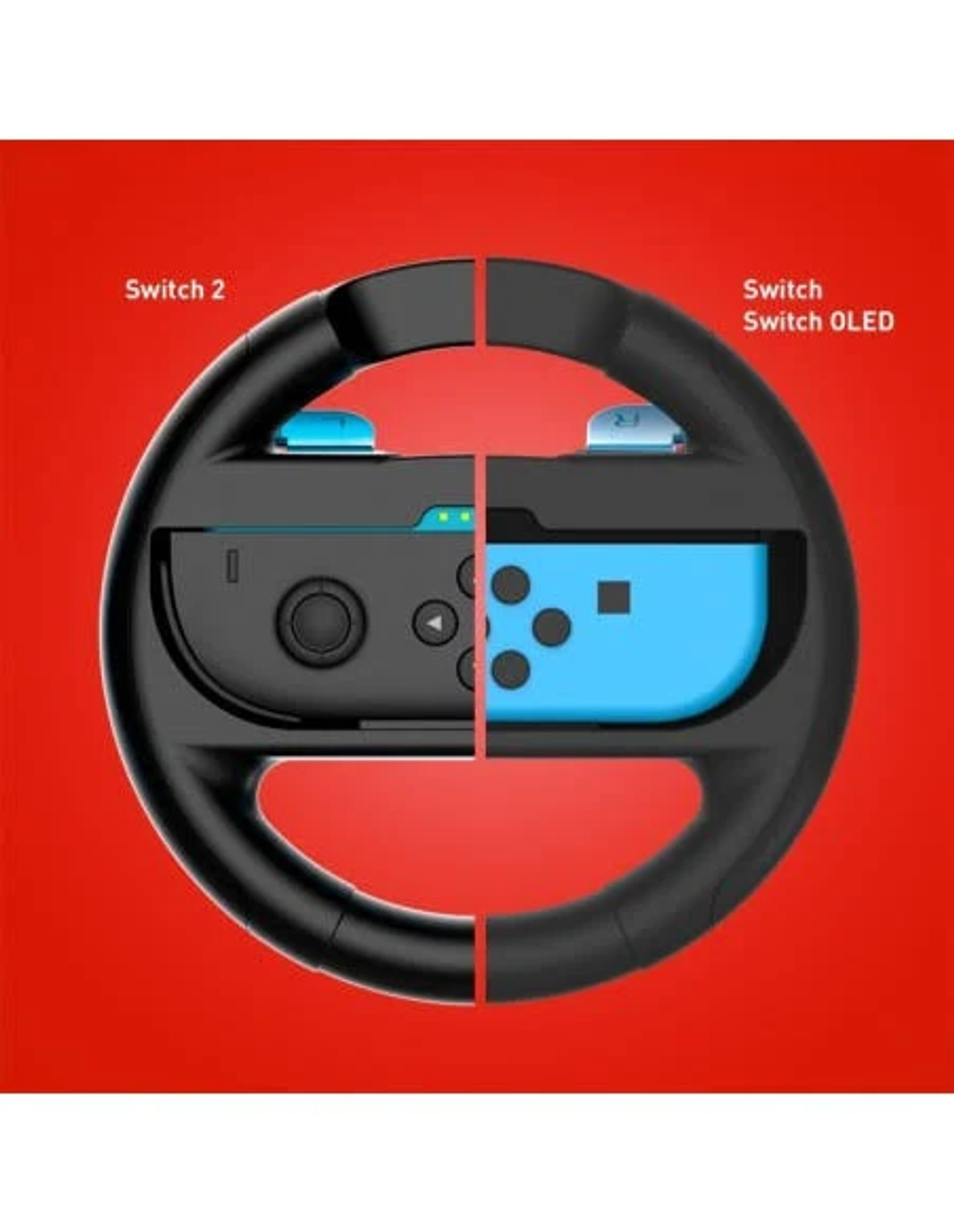 Un controlador Switch en un diseño de volante. El volante es negro, los mandos son negros y azules, sobre fondo rojo.