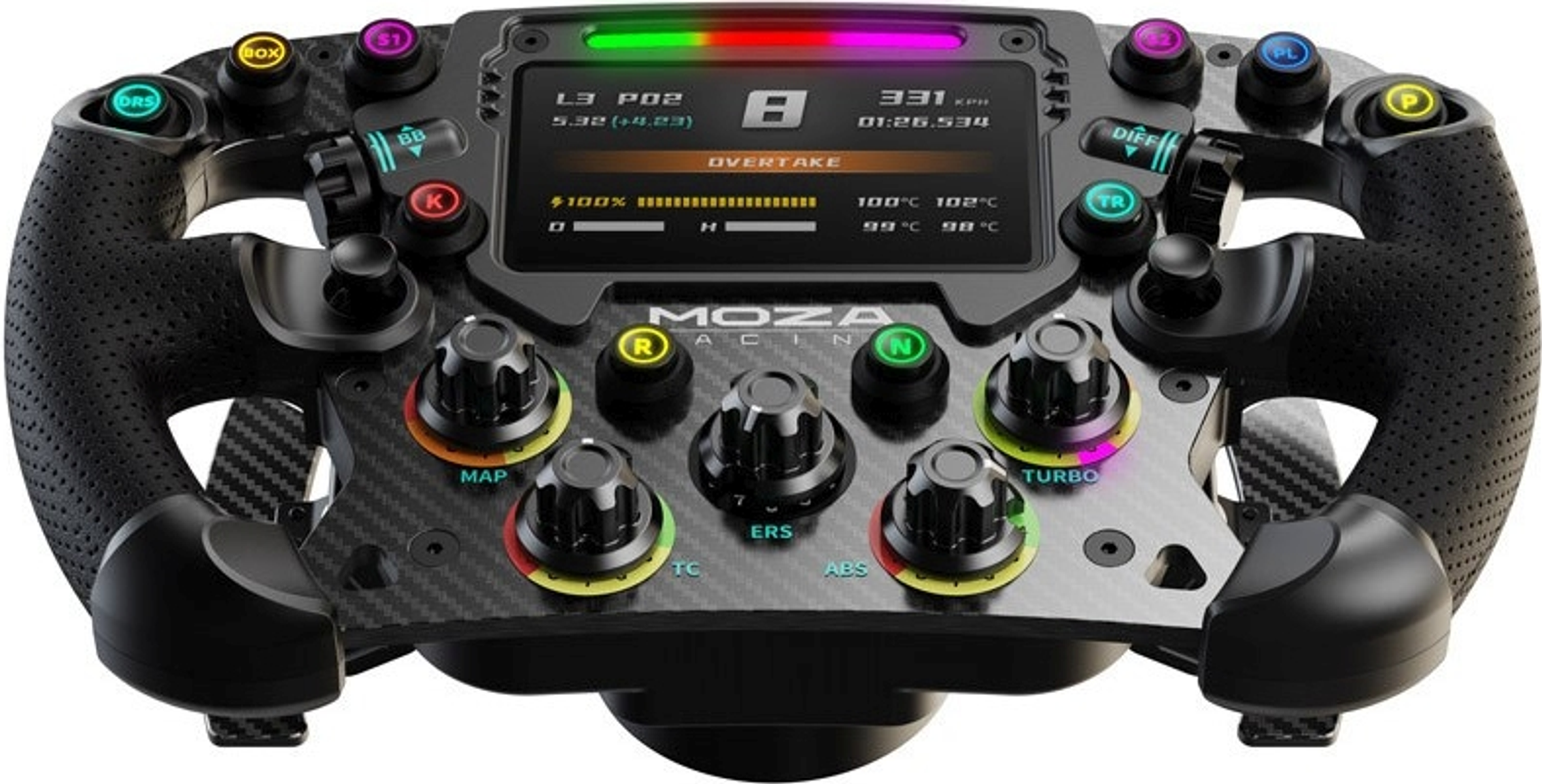 Un volante de carreras con botones, diales y una pantalla que muestra datos. Diseño de fibra de carbono, mangos negros y varias opciones.