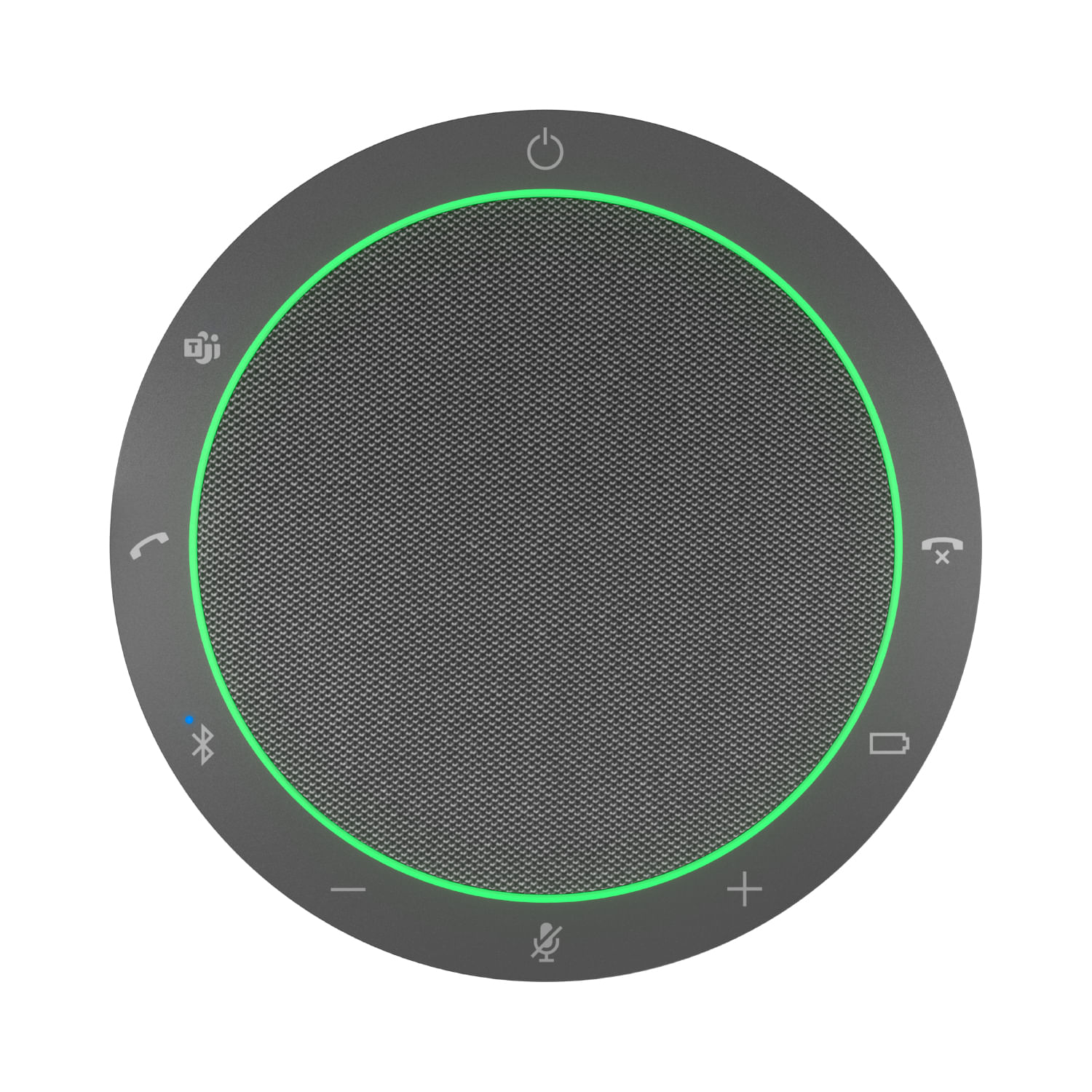 Okrągły, szary głośnik z zielonym podświetlanym pierścieniem. Ma przyciski zasilania, połączenia, głośności i Bluetooth.