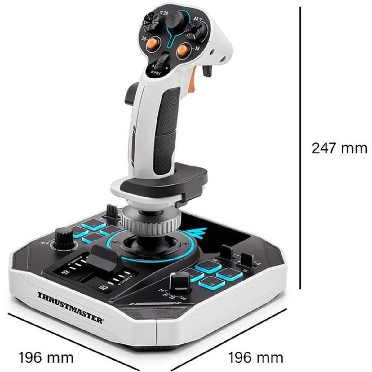 Ein Thrustmaster-Joystick. Weiß und Schwarz, mit blauen und orangefarbenen Akzenten. Abmessungen: 196 mm x 196 mm x 247 mm.
