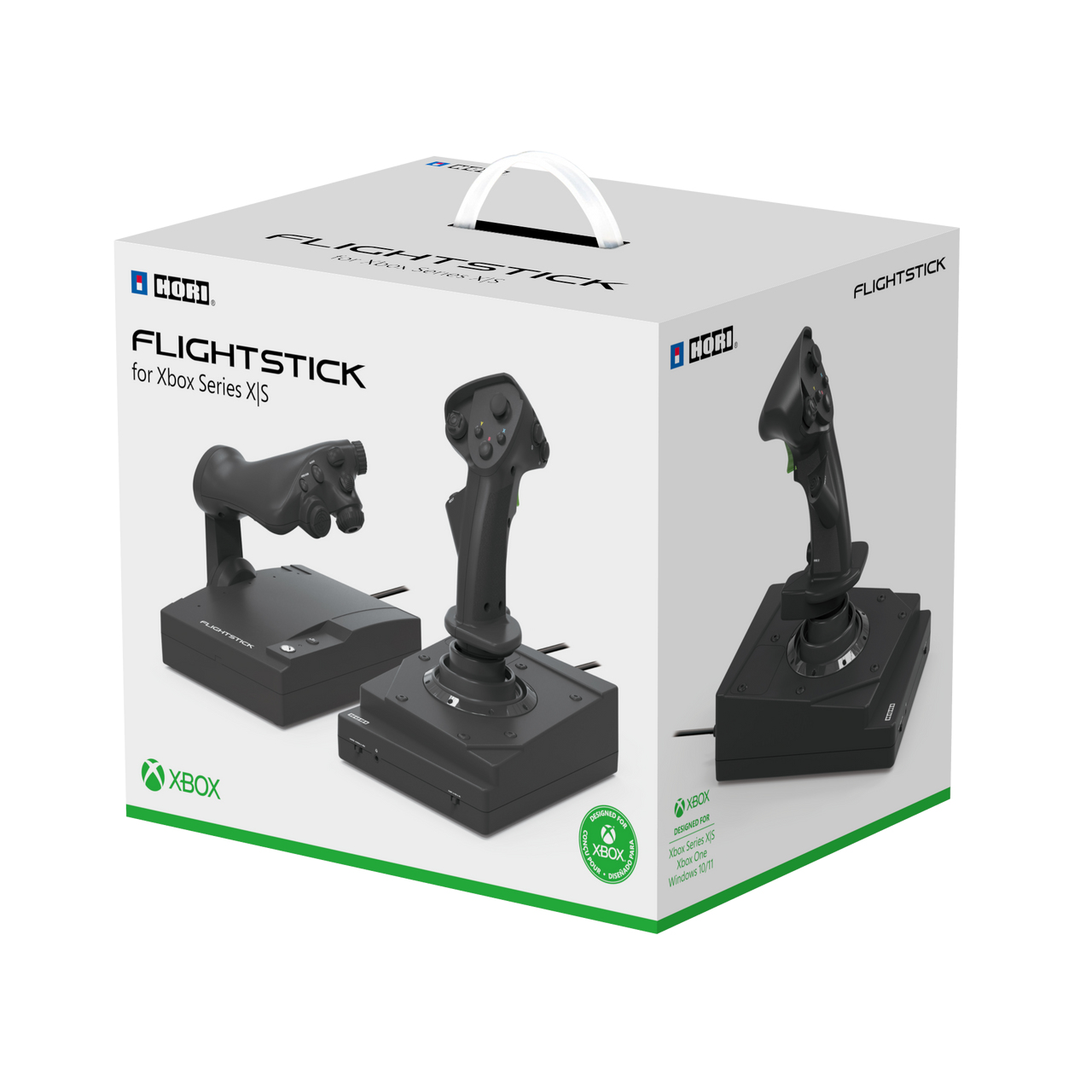 Joystick de vuelo en caja para Xbox Series X|S. La caja muestra tres vistas del joystick. La caja es blanca con texto negro e imágenes del producto.