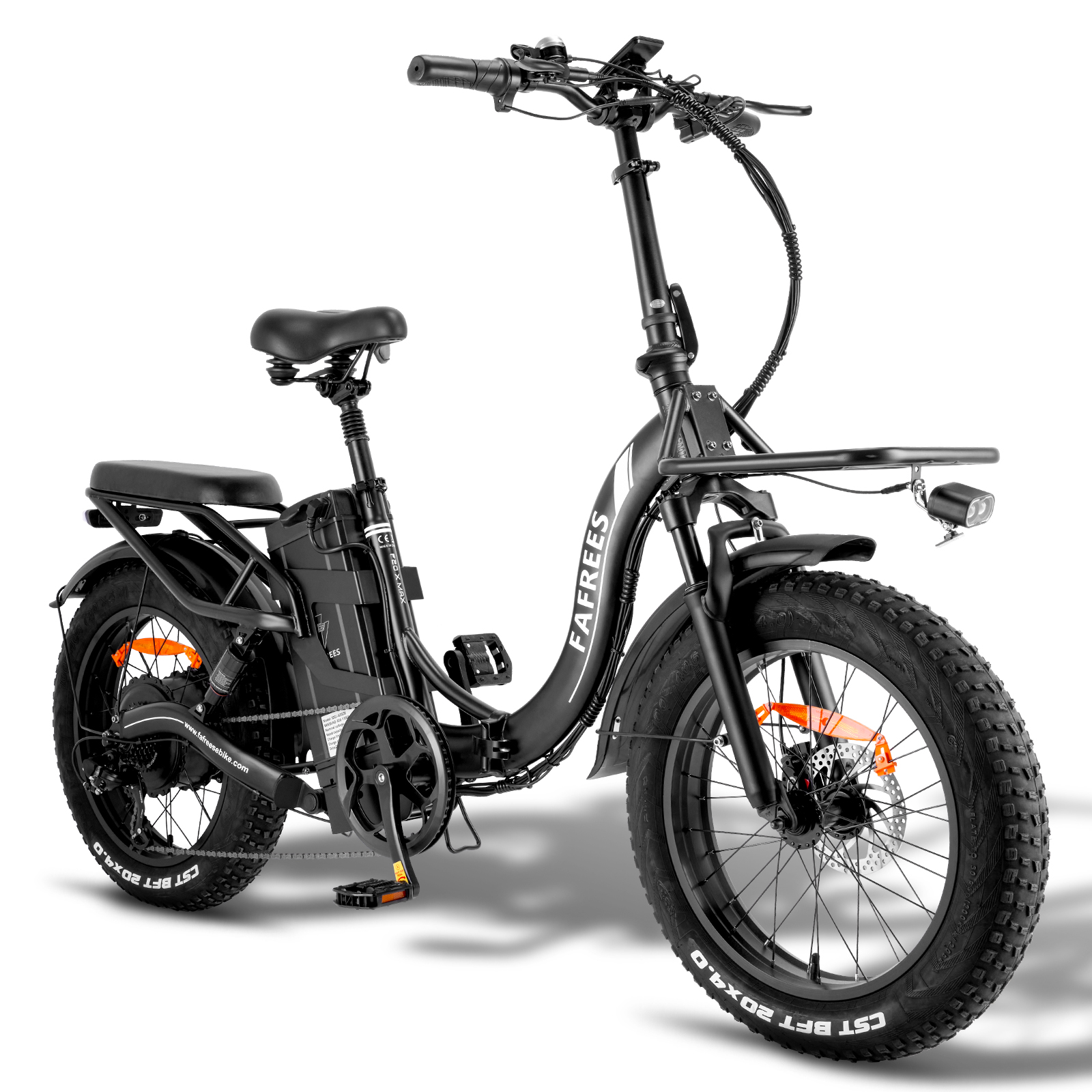 Schwarzes Elektrofahrrad. Merkmale sind breite Reifen, ein Frontkorb und das Logo 'FAFrees' auf dem Rahmen.