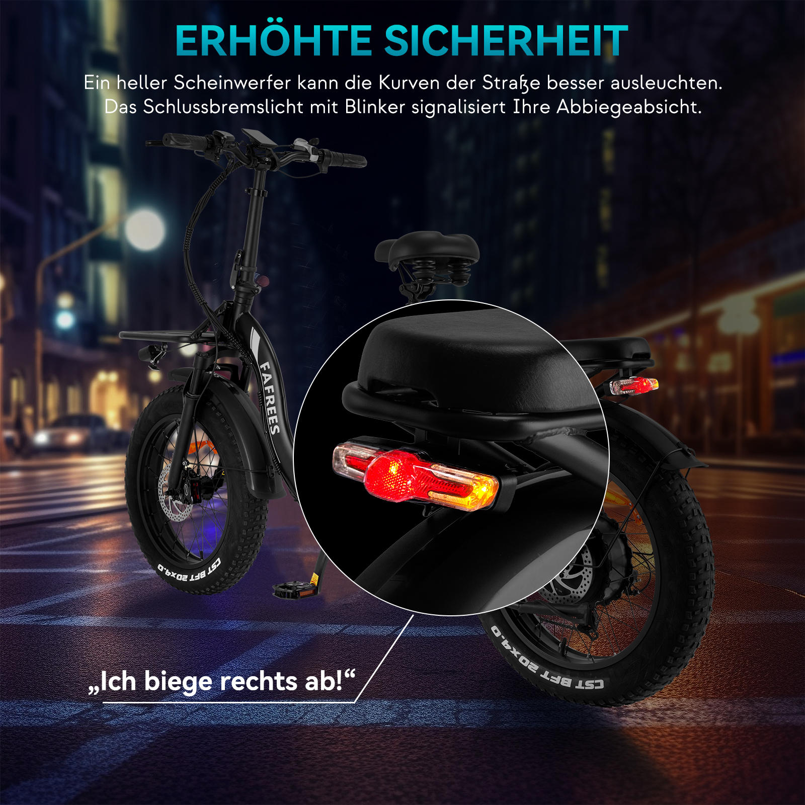 Schwarzes E-Bike mit beleuchteten Lichtern, Text sagt: 'Ich biege rechts ab'. Der Hintergrund zeigt eine Stadt bei Nacht.