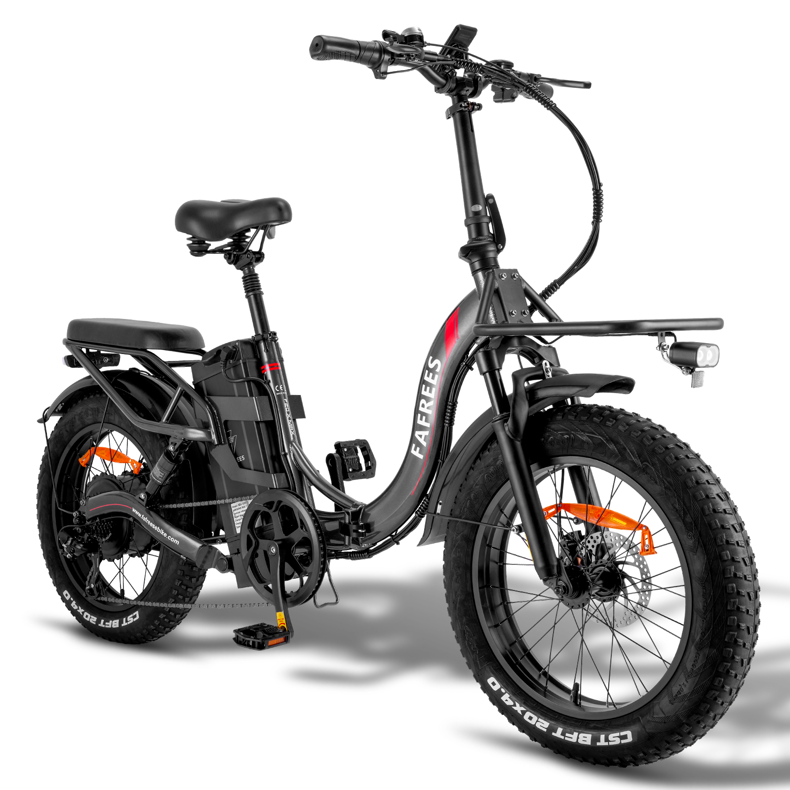 Ein schwarzes Elektrofahrrad, mit der Aufschrift 'FAFREES'. Es hat große Reifen, einen Frontkorb und einen schwarzen Sitz.