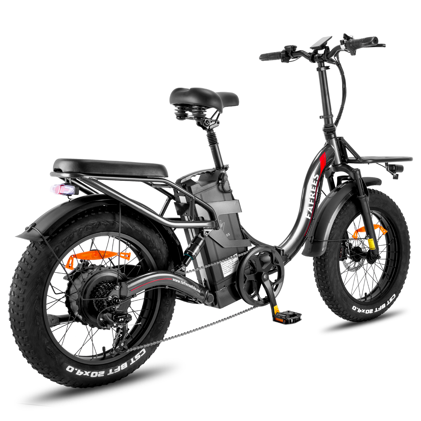 Schwarzes Elektrofahrrad auf weißem Hintergrund. Es hat breite Reifen, einen schwarzen Rahmen und einen Gepäckträger. Der Markenname FAREEES ist sichtbar.