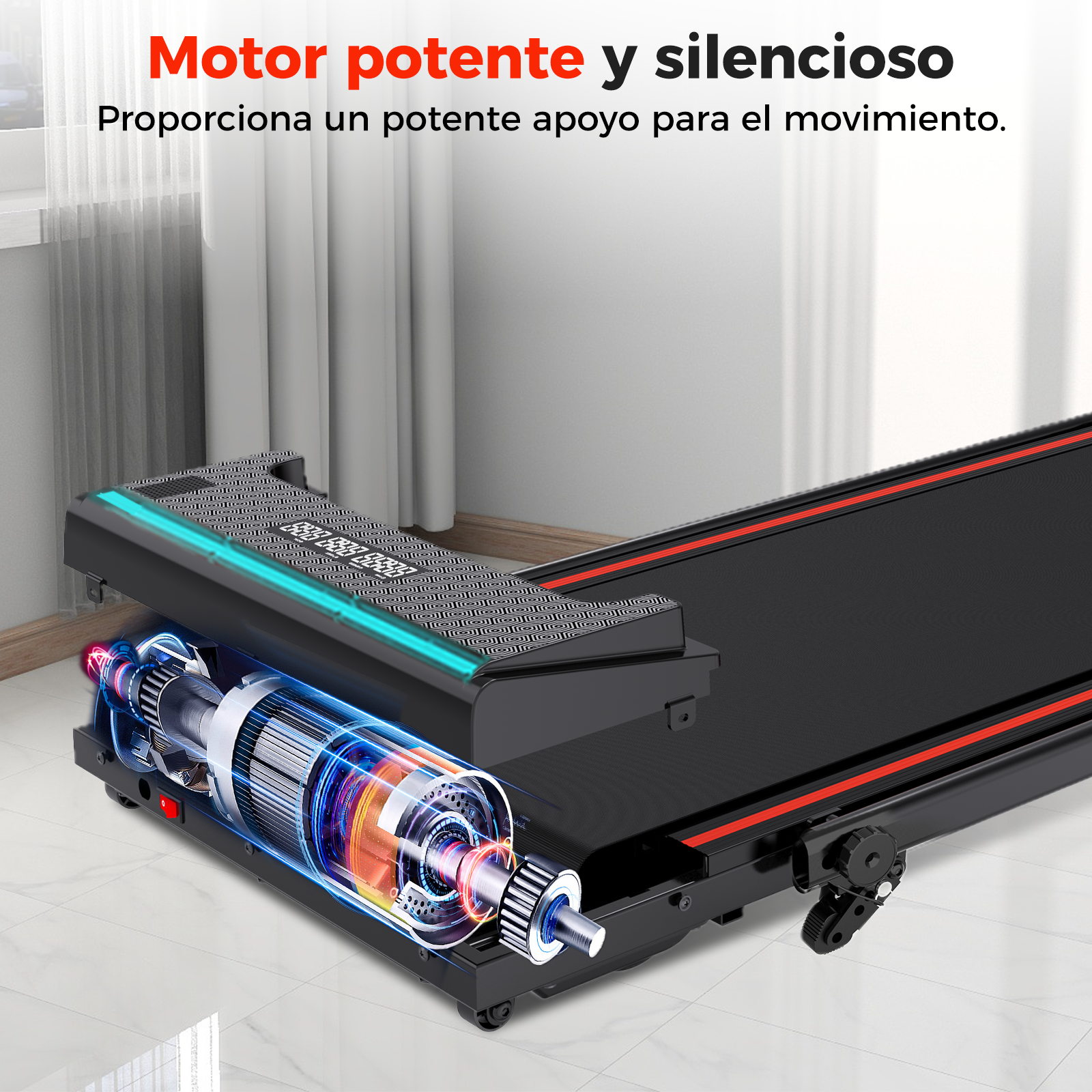 Cinta de correr con motor expuesto. Negro con detalles rojos. La pantalla muestra números. Suelo blanco y cortinas al fondo.