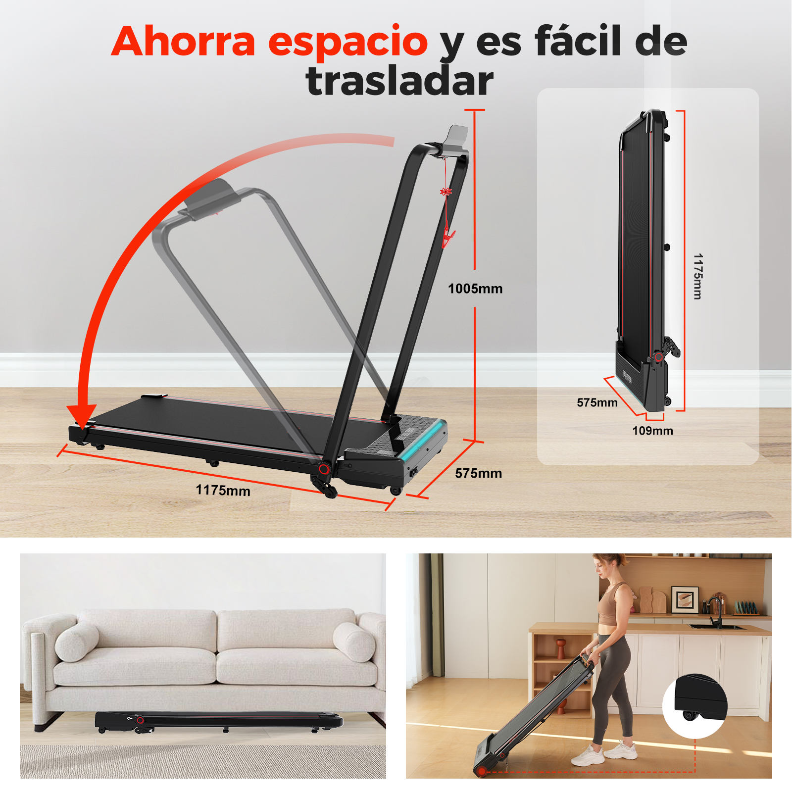 Una cinta de correr plegable con dimensiones. Una mujer lleva la cinta. El texto dice que ahorra espacio y es fácil de mover.