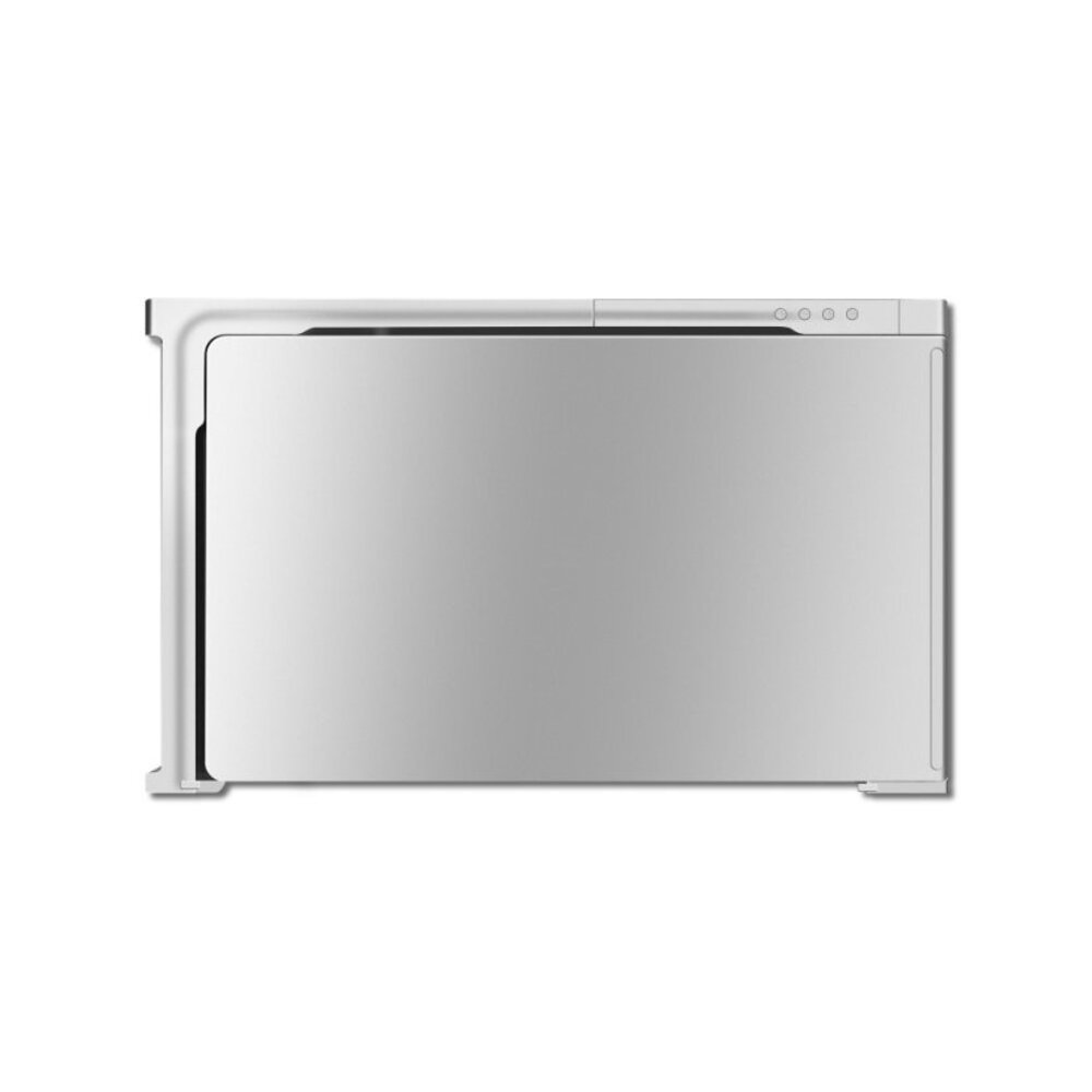 Prostokątne, srebrne urządzenie z zaokrąglonymi krawędziami i serią okrągłych przycisków na górnej krawędzi. Tło jest białe.