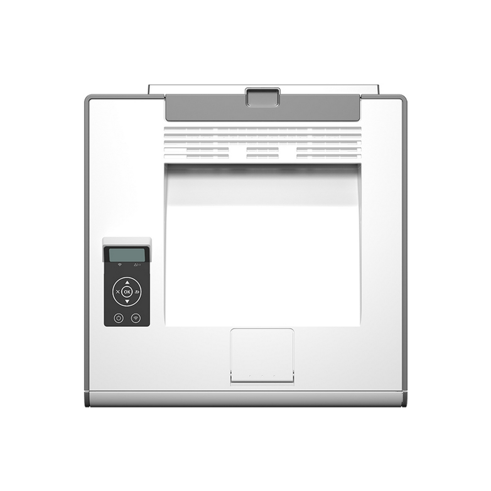 Biało-szara drukarka na białym tle. Posiada panel sterowania z przyciskami i ekran po lewej stronie.