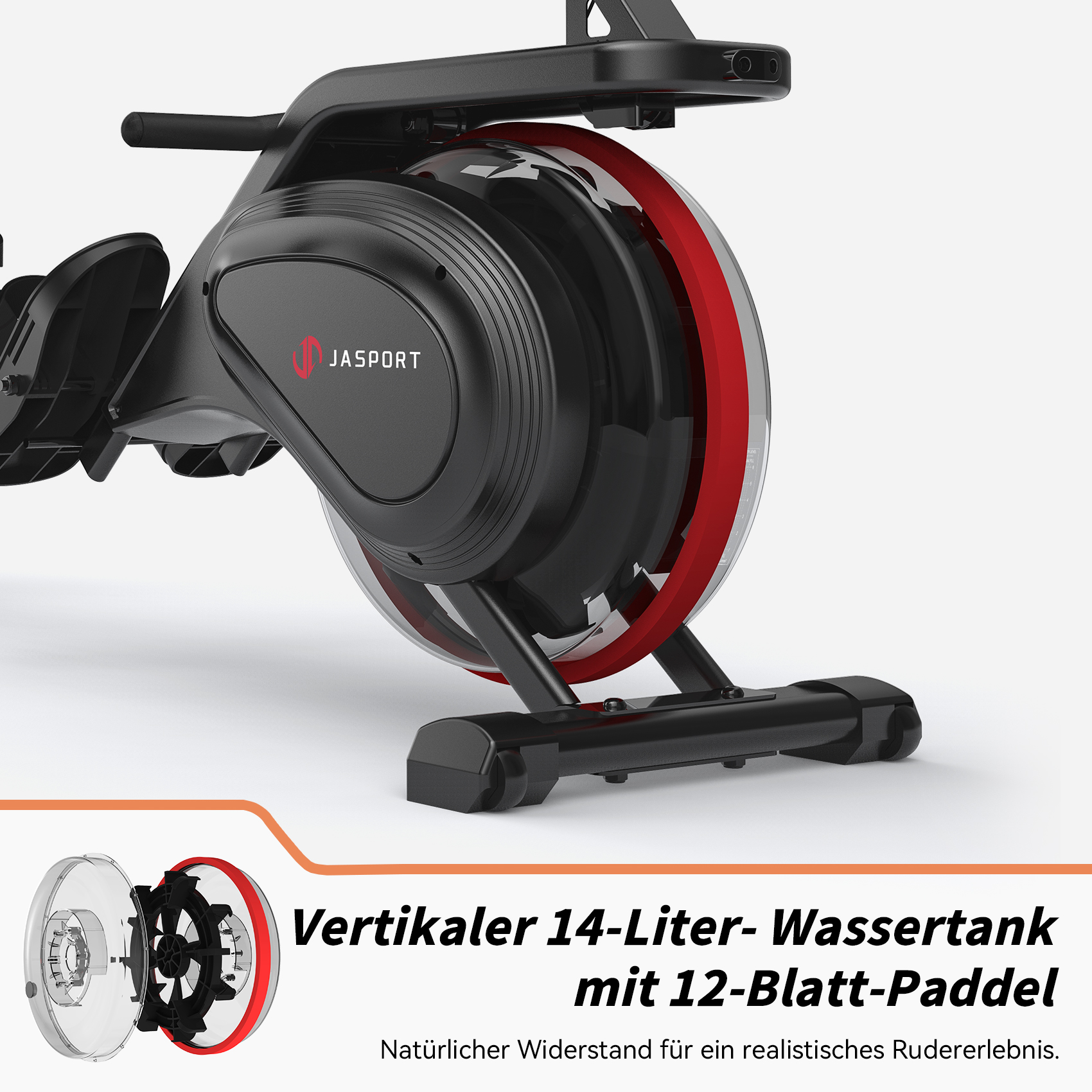 Schwarze und rote Rudermaschine mit Wassertank. Das JASPORT-Logo ist sichtbar.