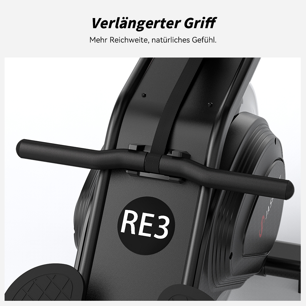 Nahaufnahme eines schwarzen Rudergerätegriffs. Der Griff ist mit einem schwarzen Riemen an der Maschine befestigt. Auf der Maschine steht RE3.