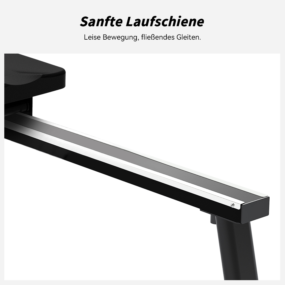 Nahaufnahme einer schwarzen Trainingsmaschinenschiene mit glänzender Metallschiene. Der Hintergrund ist weiß. Der Text oben lautet 'Sanfte Laufschiene'.