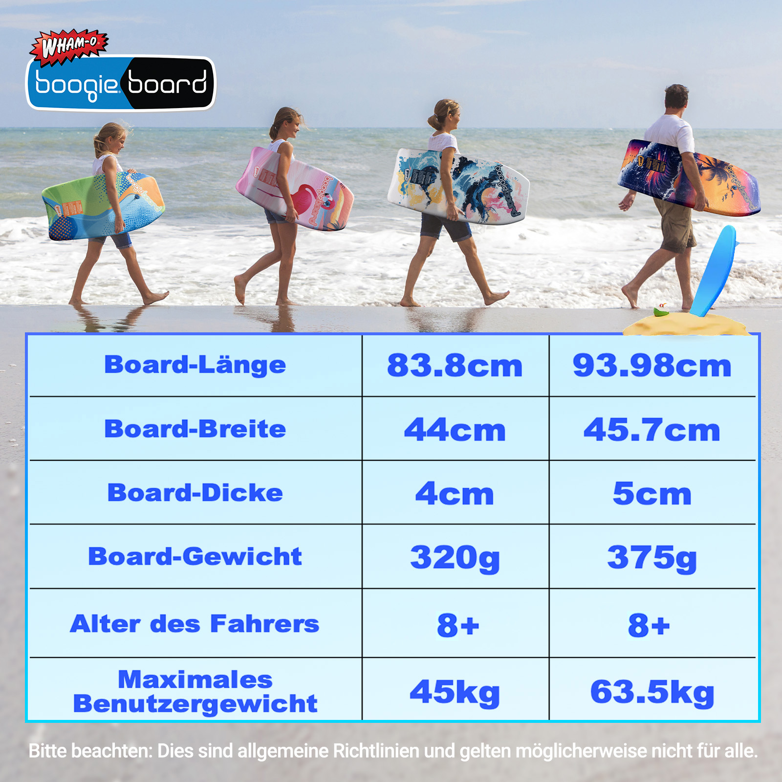 Menschen gehen mit Boogieboards am Strand. Text zeigt Boardmaße, Gewicht und Benutzeralter. Boogieboard-Logo ist sichtbar.