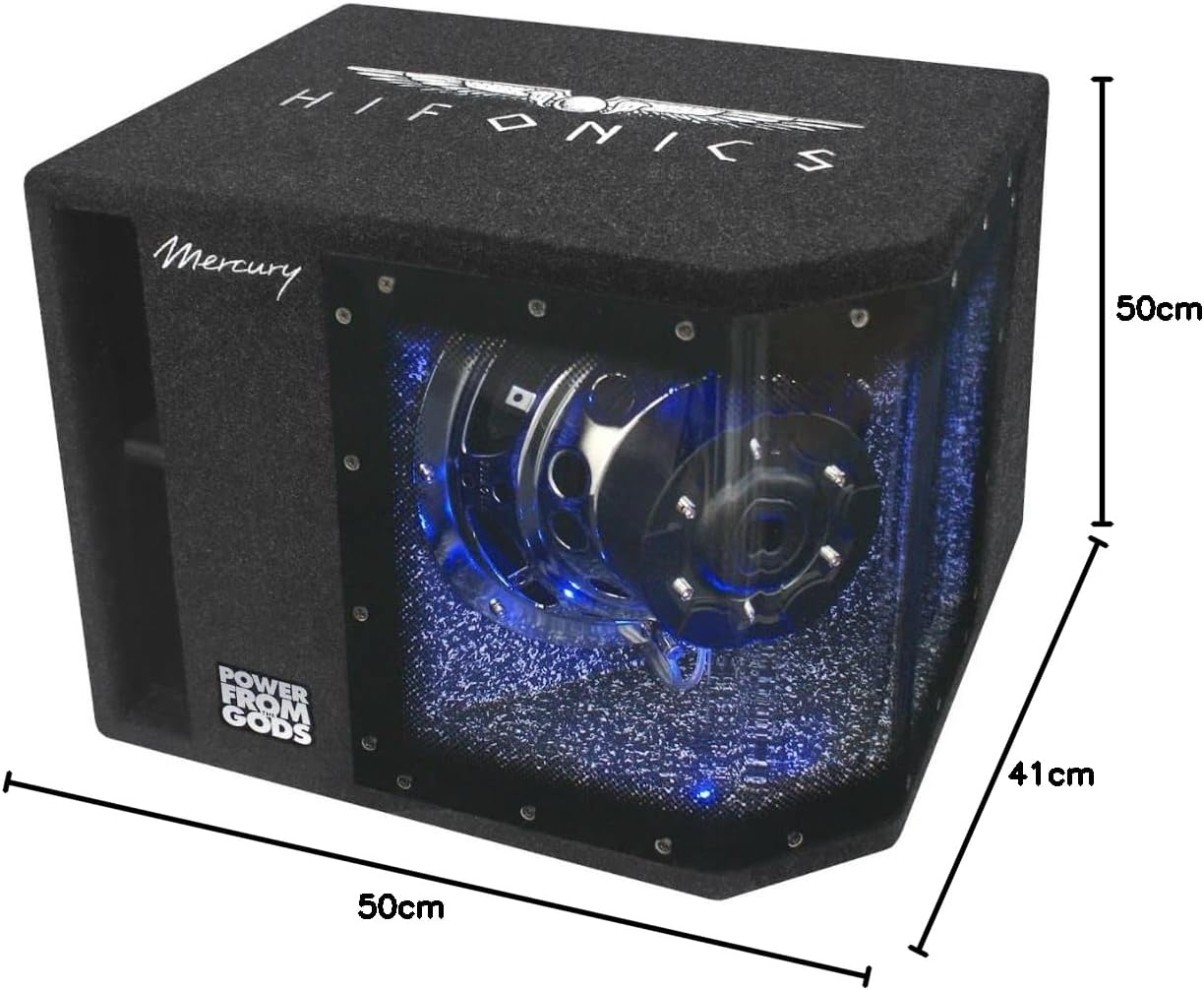 Schwarzer Subwoofer mit transparenter Front, die interne Komponenten zeigt. Blaue Lichter beleuchten das Innere. Abmessungen sind angegeben.