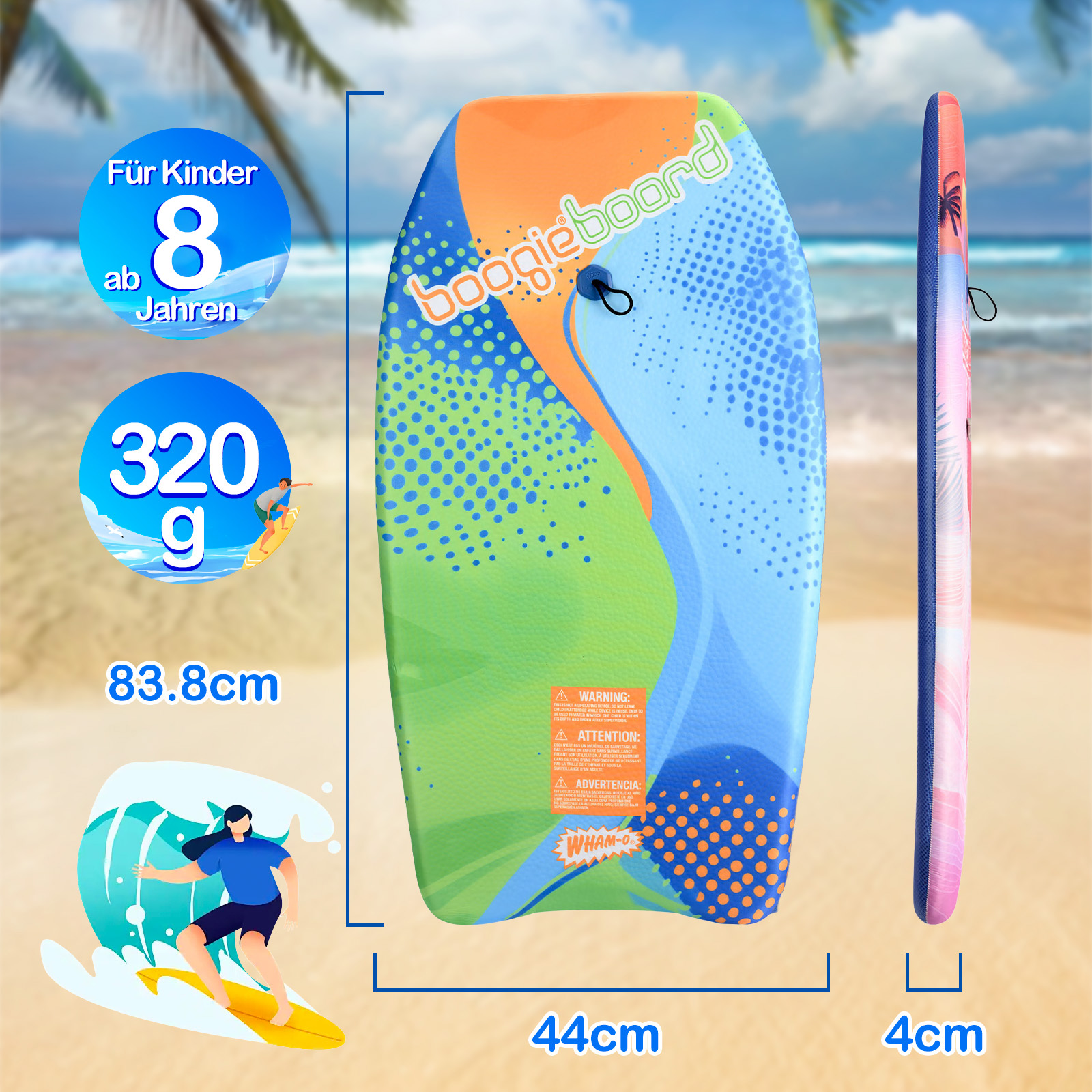 Ein farbenfrohes Boogieboard mit Maßen. Blaues, orangefarbenes und grünes Design. Abmessungen: 83,8 cm lang, 44 cm breit, 4 cm dick.