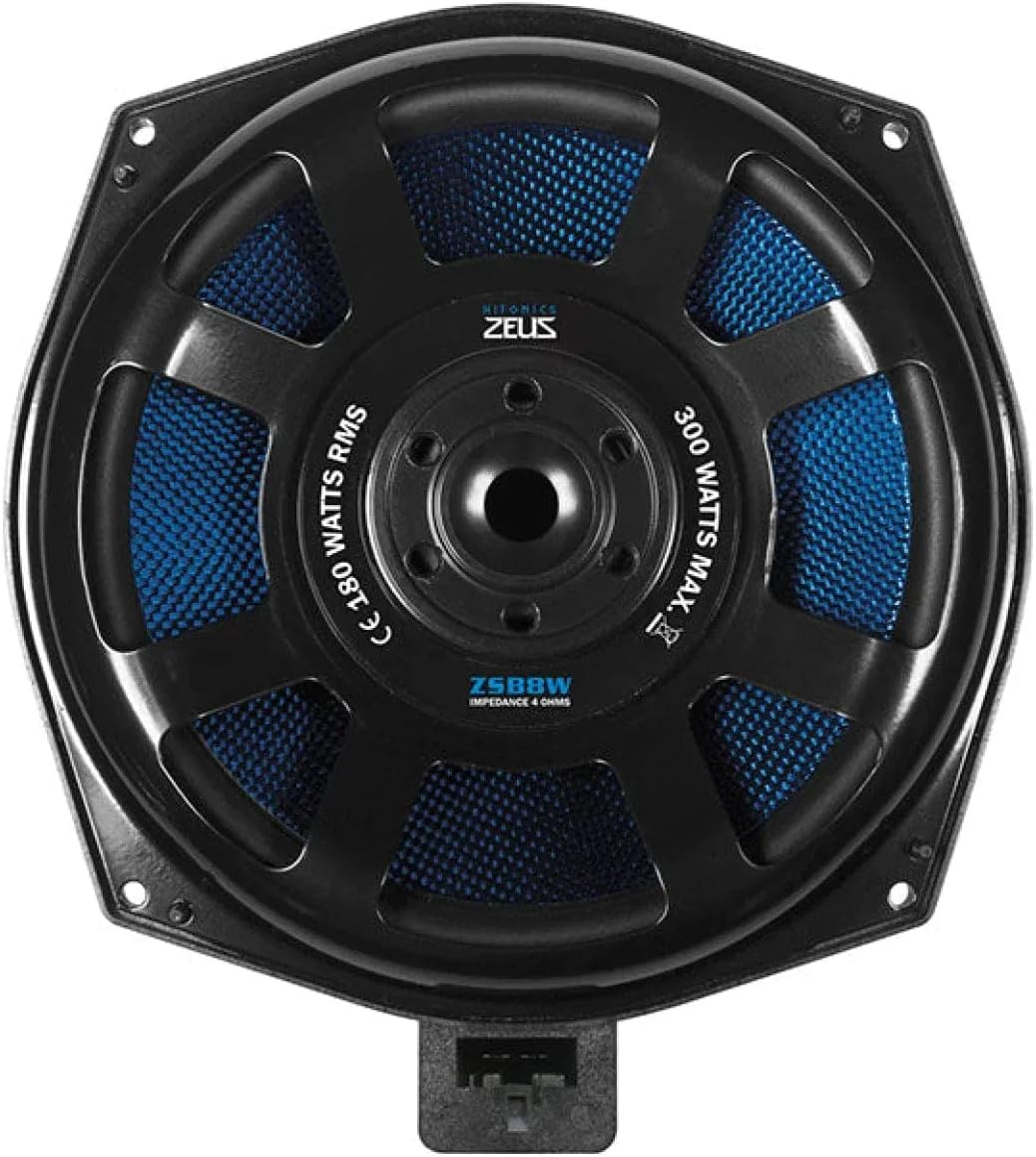 Schwarzer Lautsprecher mit blauem Netz. Text enthält 'HITONICS ZEUS', '300 Watts Max' und 'Z5B8W'. Unten ist ein Anschluss.