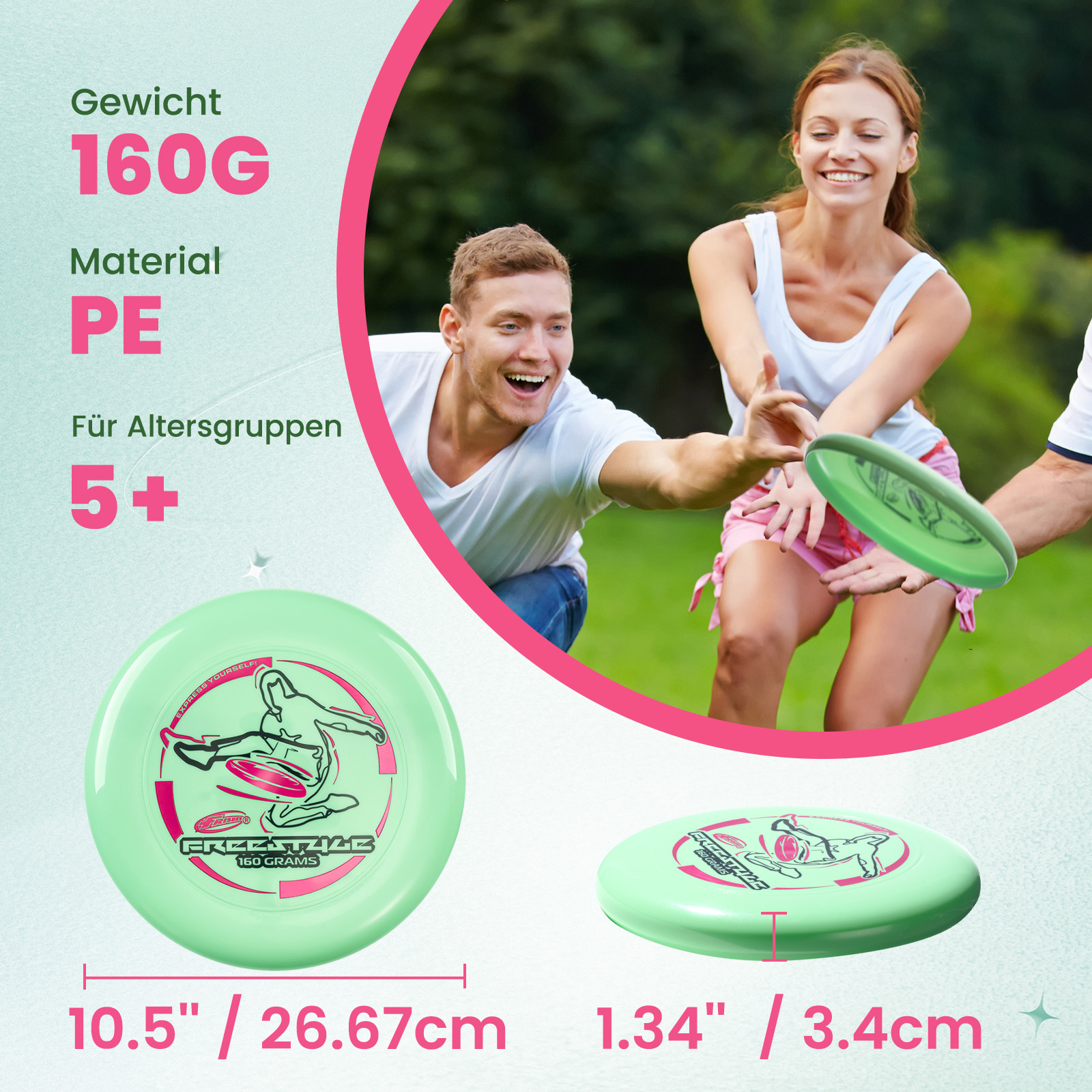 Leute spielen mit einer grünen Frisbee. Zwei Frisbees werden gezeigt. Text zeigt Gewicht, Material und Altersgruppe.