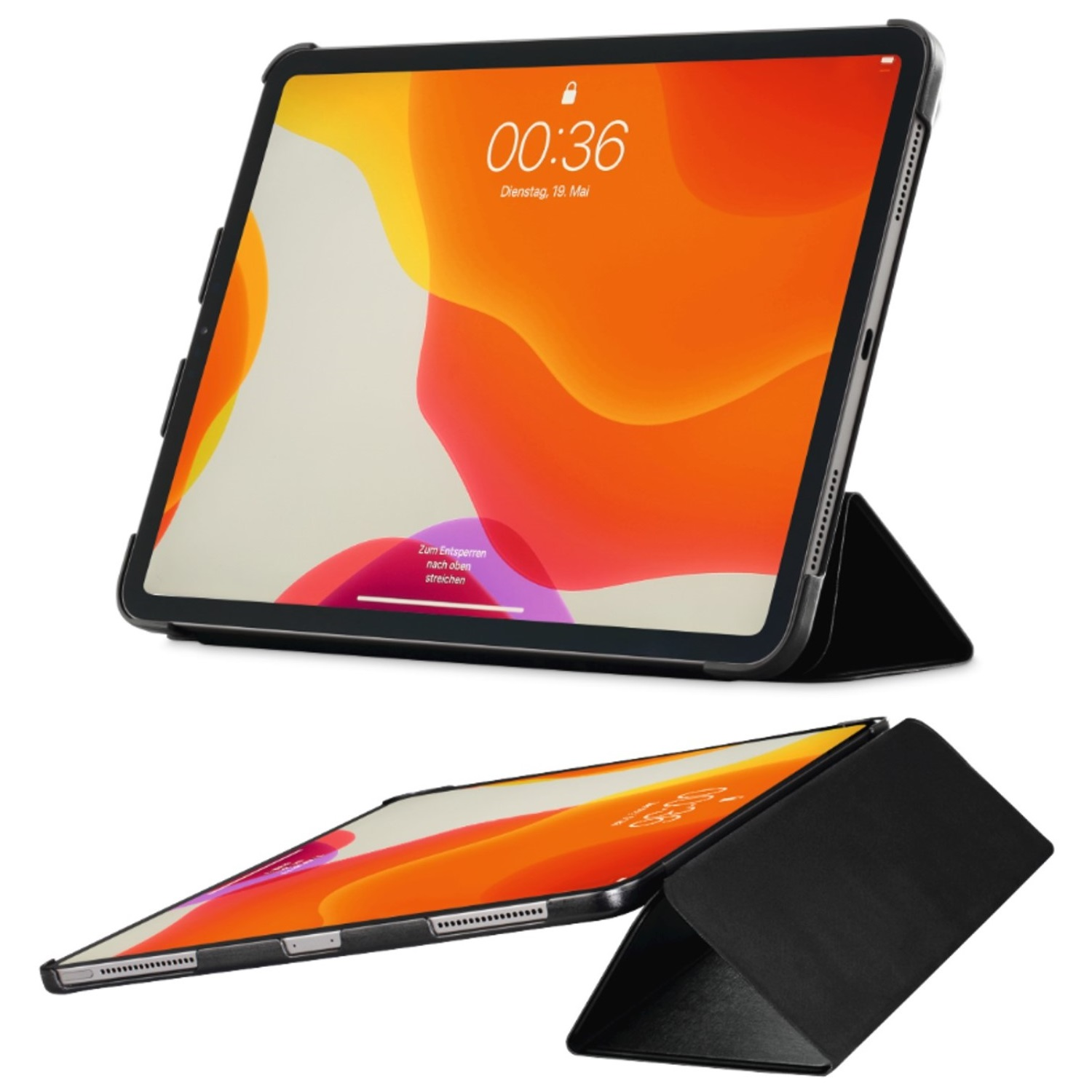 Zwei Tablets mit schwarzen Hüllen werden angezeigt. Die Bildschirme zeigen Uhrzeit, Datum und abstrakte orangefarbene Tapete.