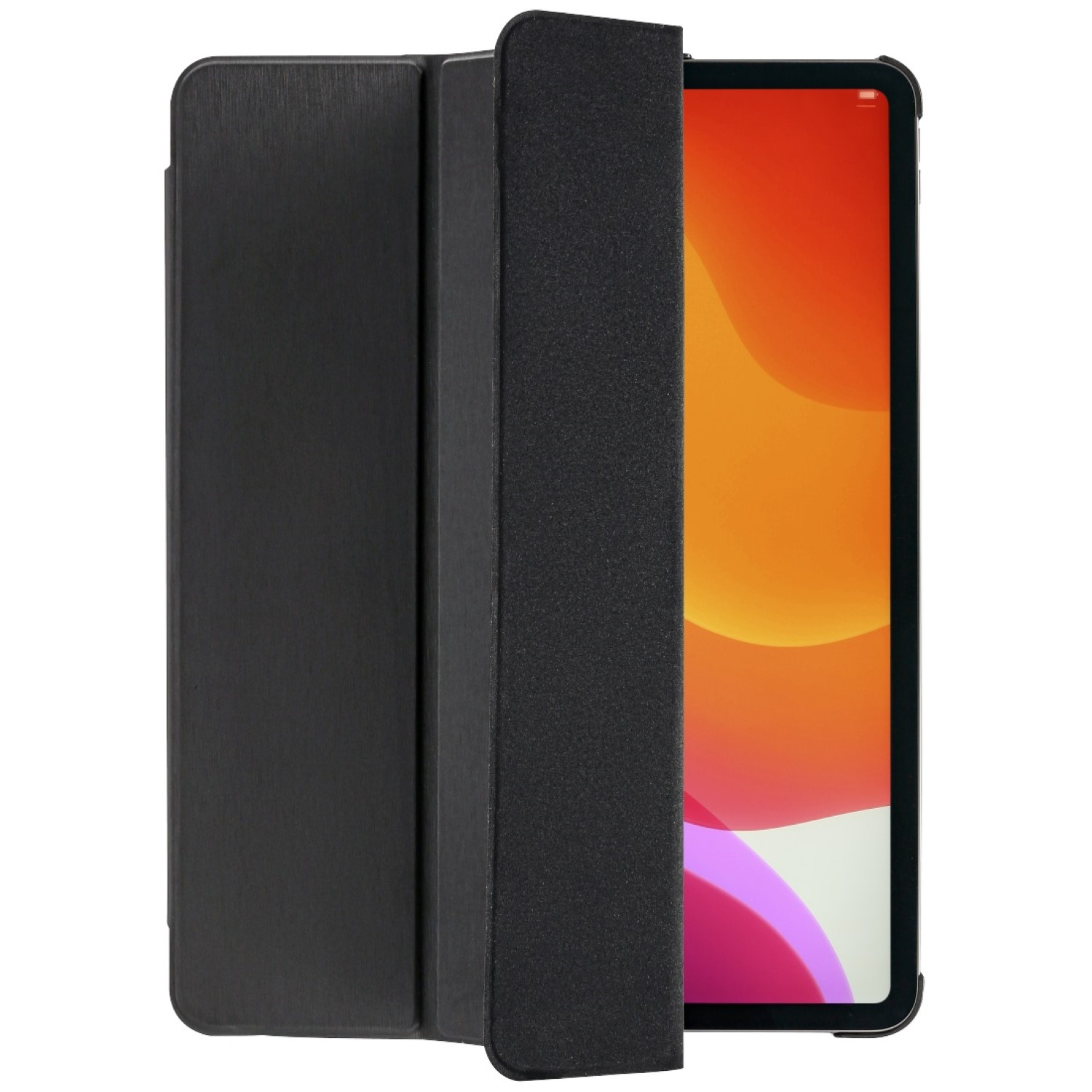 Schwarze Tablet-Hülle mit geöffneter Klappe, die einen Tablet-Bildschirm mit orangefarbenen und rosa Farbverläufen zeigt.