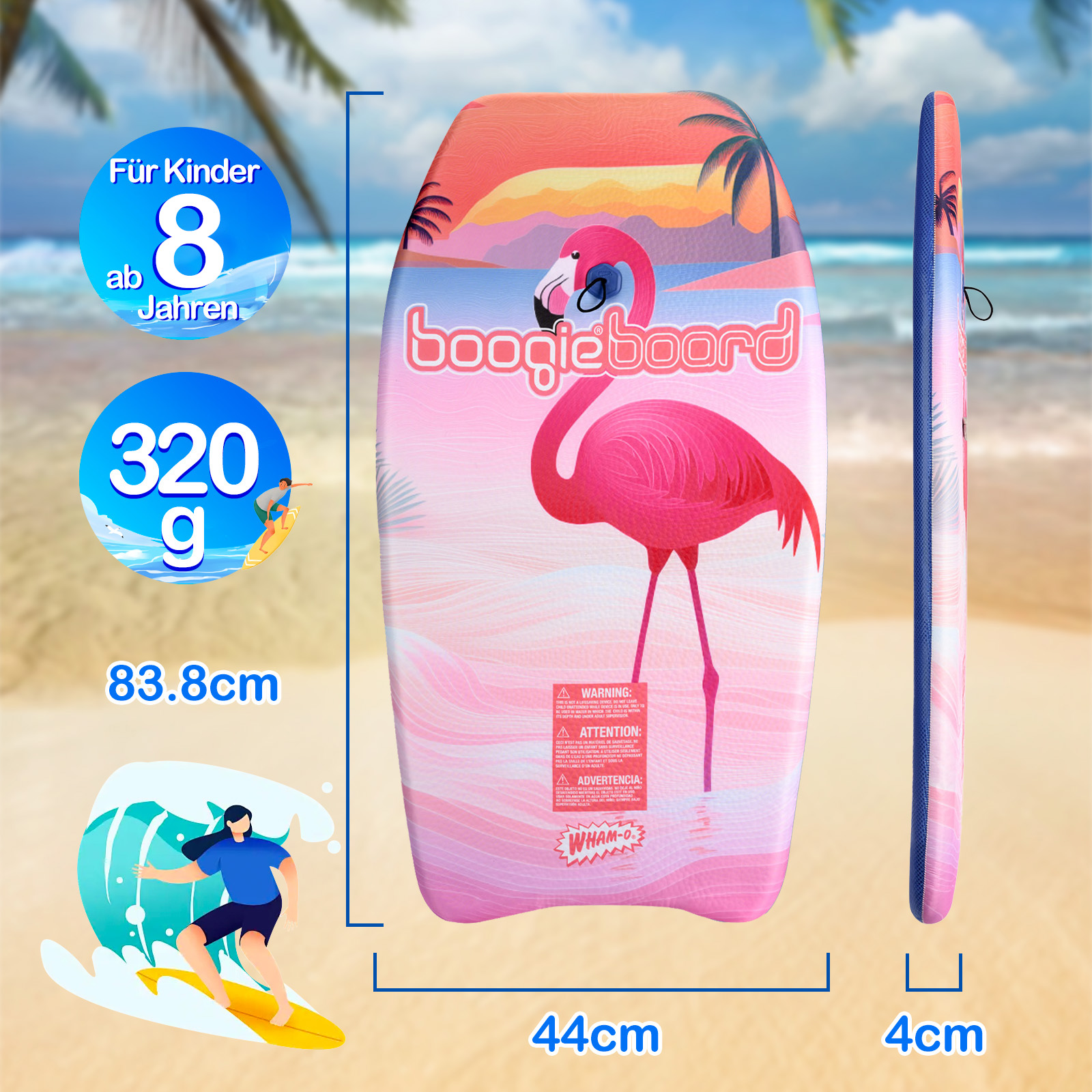 Un boogie board rosa con un'illustrazione di fenicottero. Le dimensioni sono visualizzate. Il testo include la fascia d'età e il peso.