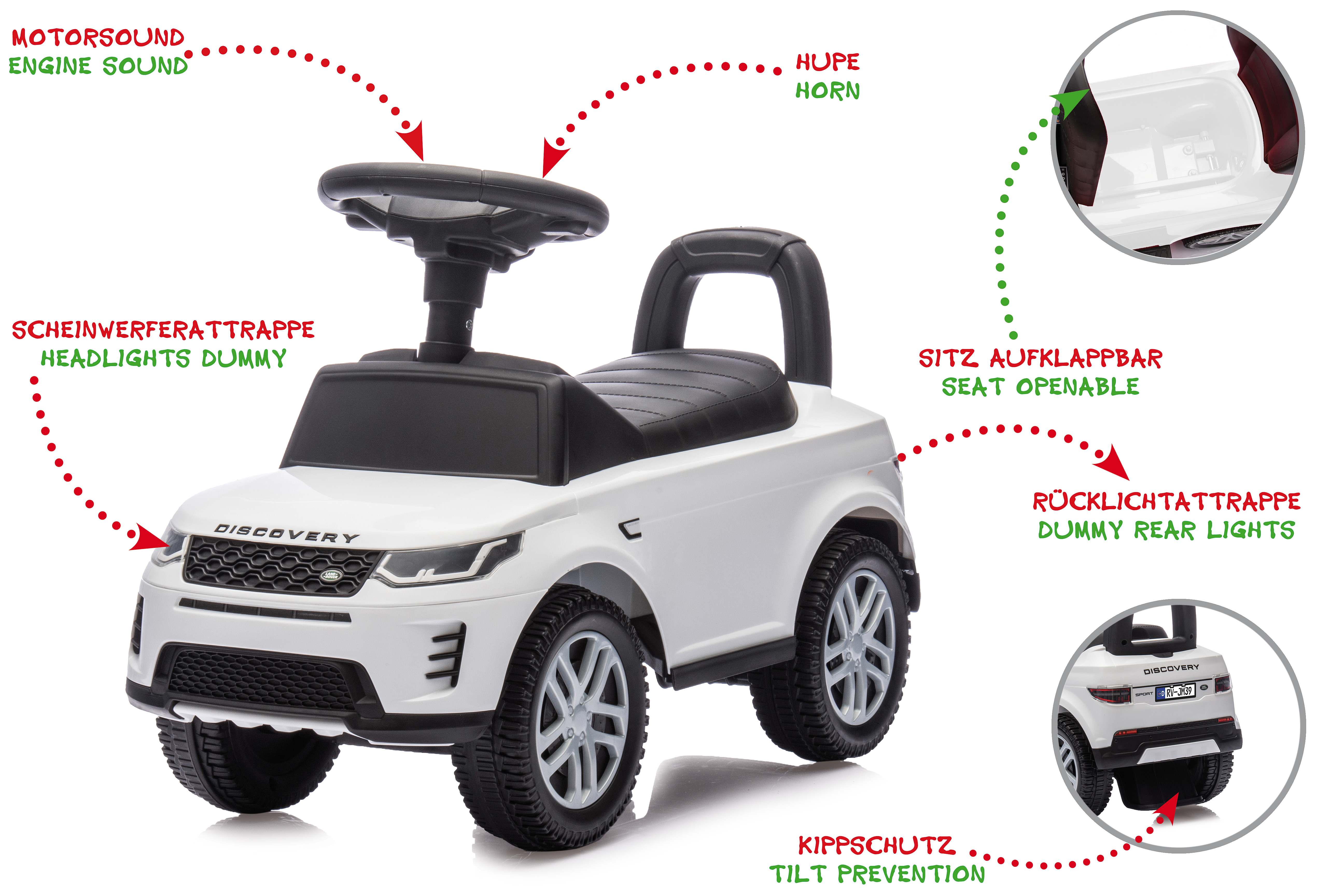 Un coche de juguete blanco con neumáticos negros, asiento negro y volante. Las etiquetas de texto señalan características.