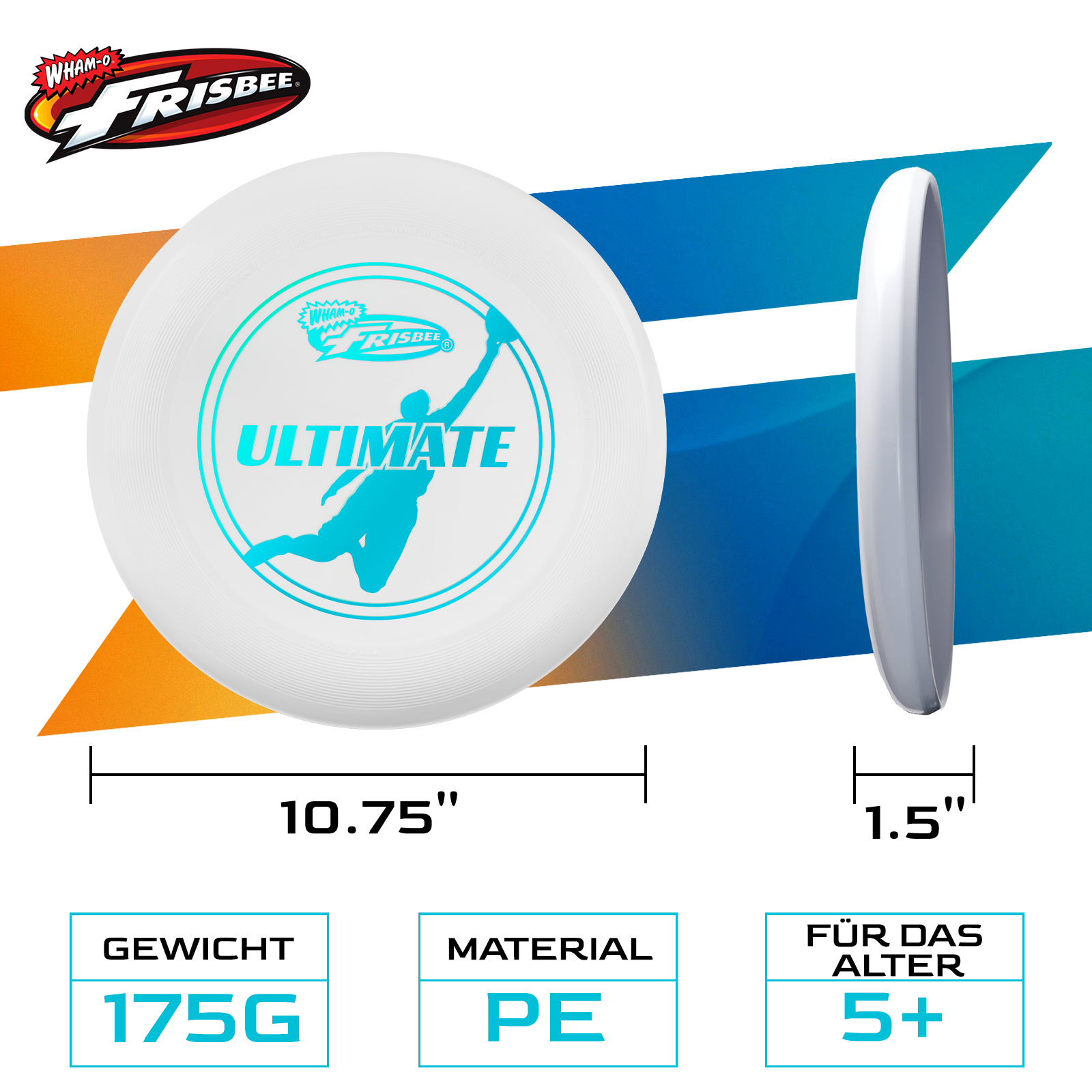 Weiße Frisbee mit blauen Grafiken, Text und Abmessungen. Es hat einen blau-weißen Hintergrund und ist für Kinder ab 5 Jahren geeignet.