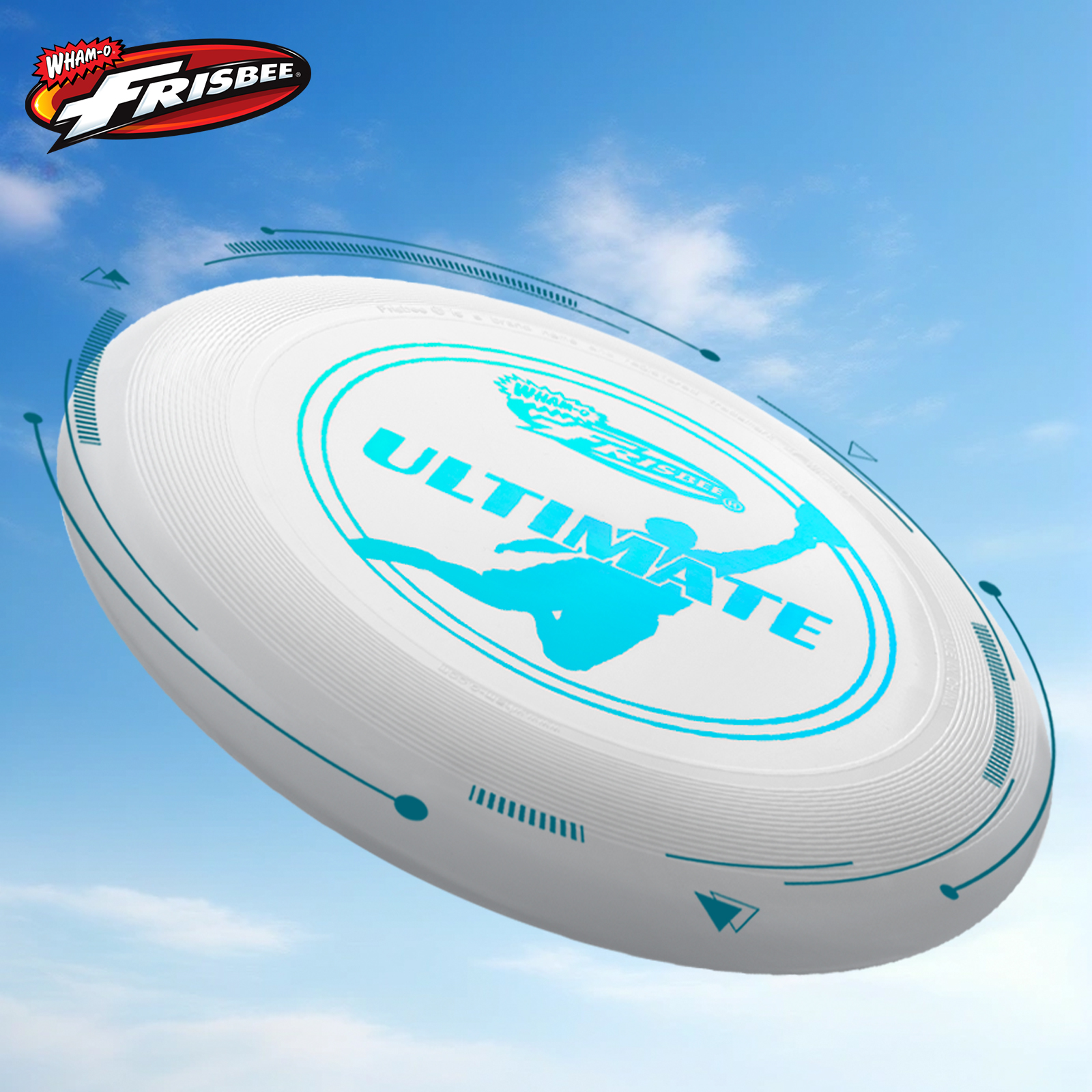 Eine weiße und blaue Frisbeescheibe in der Luft vor blauem Himmel. Auf der Frisbee steht das Wort "ULTIMATE".