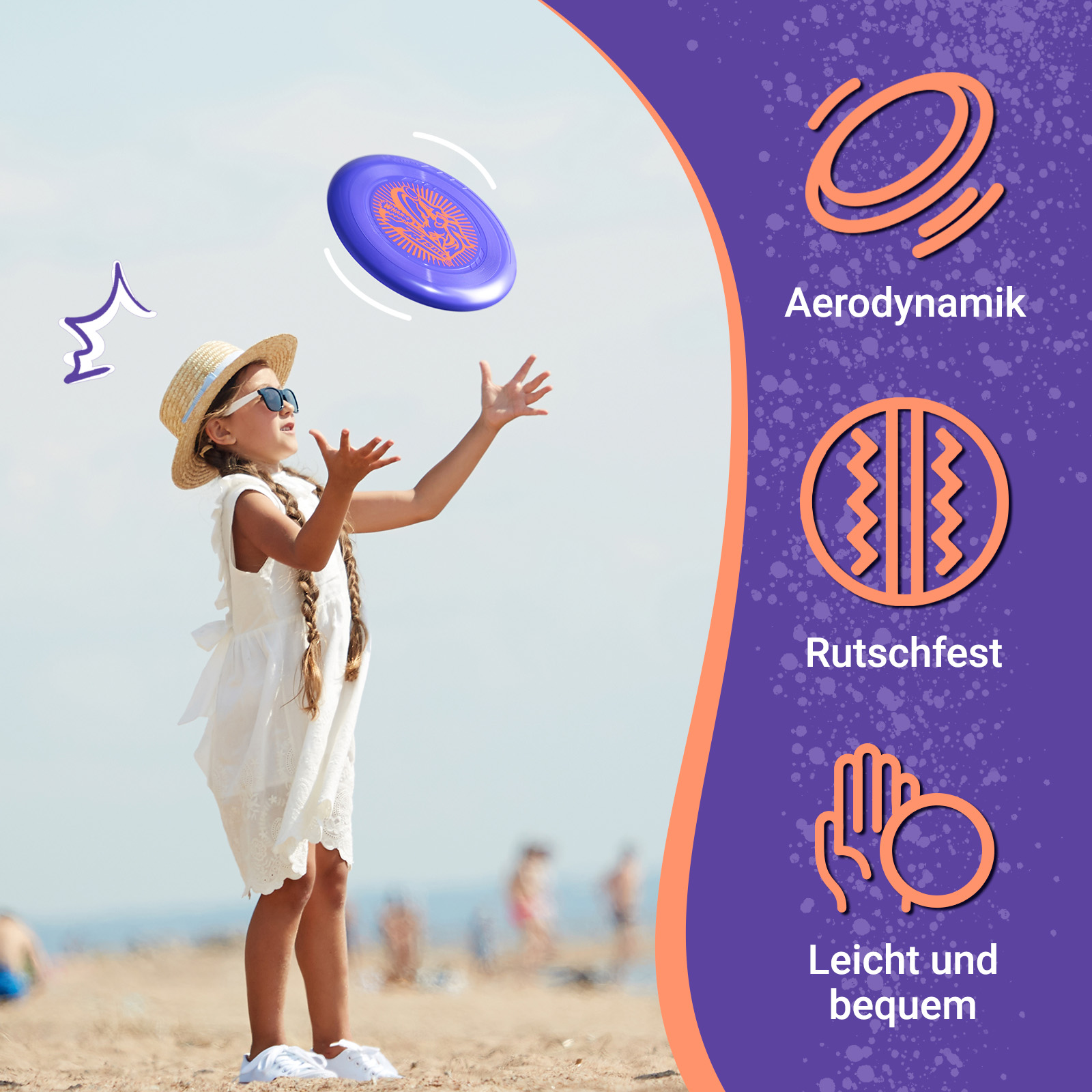 Ein Mädchen mit Sonnenbrille wirft eine lila Frisbee am Strand. Text zeigt Aerodynamik, Rutschfest und Leicht und bequem.