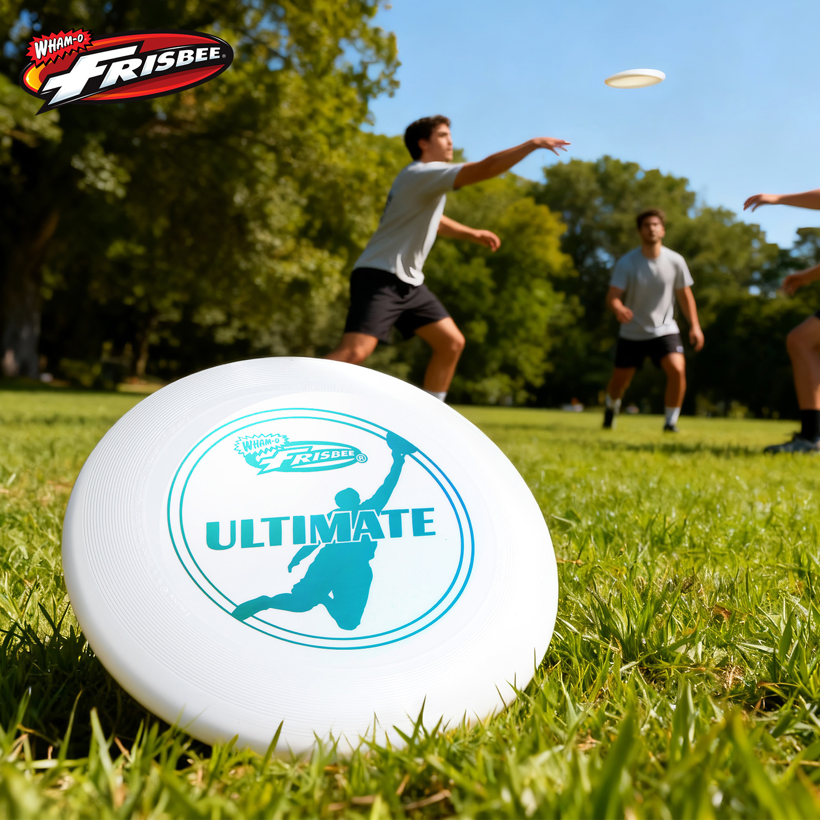 Leute spielen Frisbee auf Gras. Eine weiße Frisbee ist im Fokus. Andere werfen sie. Bäume und blauer Himmel sind im Hintergrund.