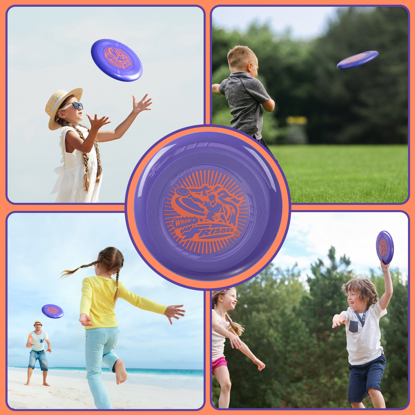 Kinder spielen mit einer lila Frisbee. Menschen werfen sie am Strand und im Park. Heller Sonnentag.