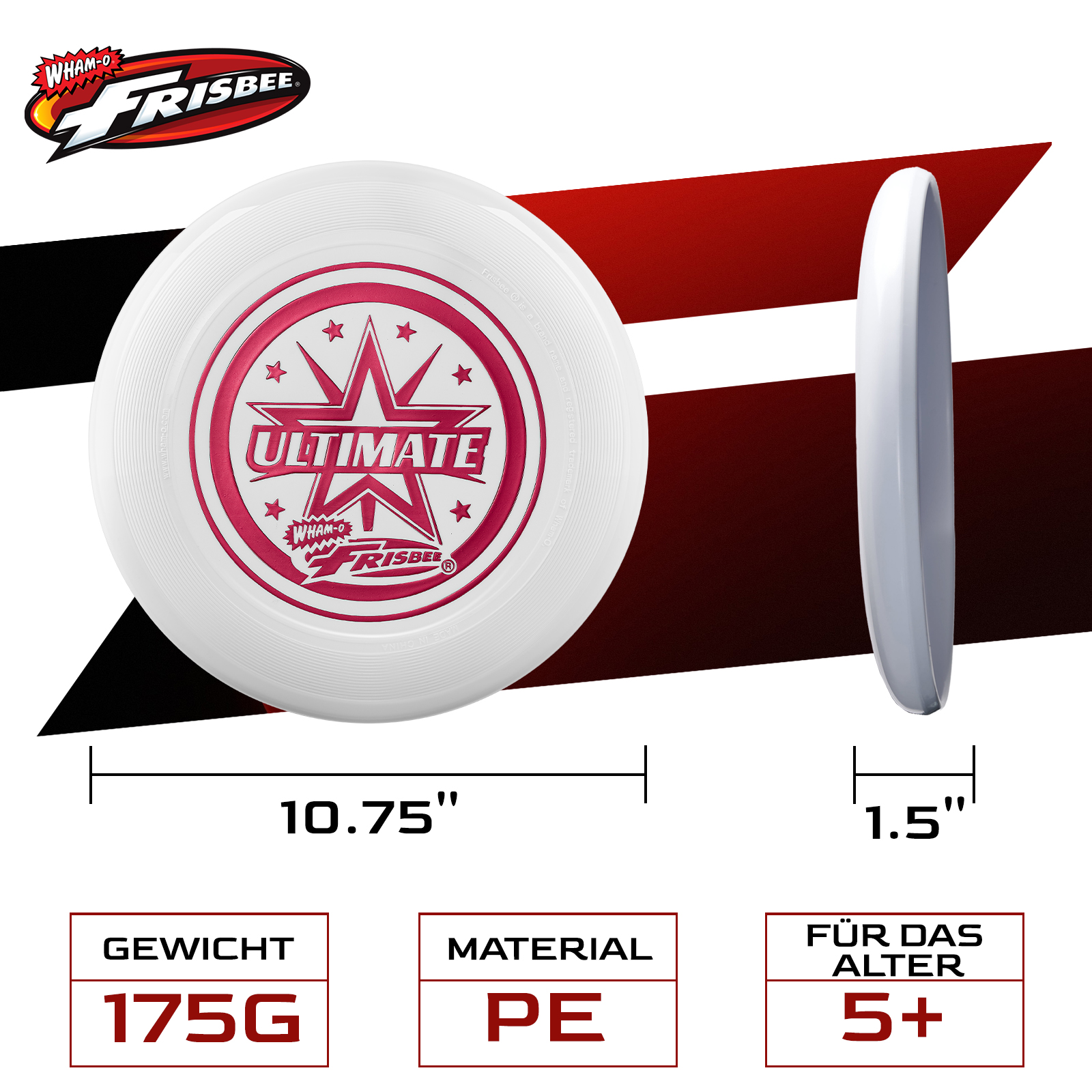 Eine weiße Frisbeescheibe mit rotem Text 'ULTIMATE'. Es hat Abmessungen und Gewichtsangaben.