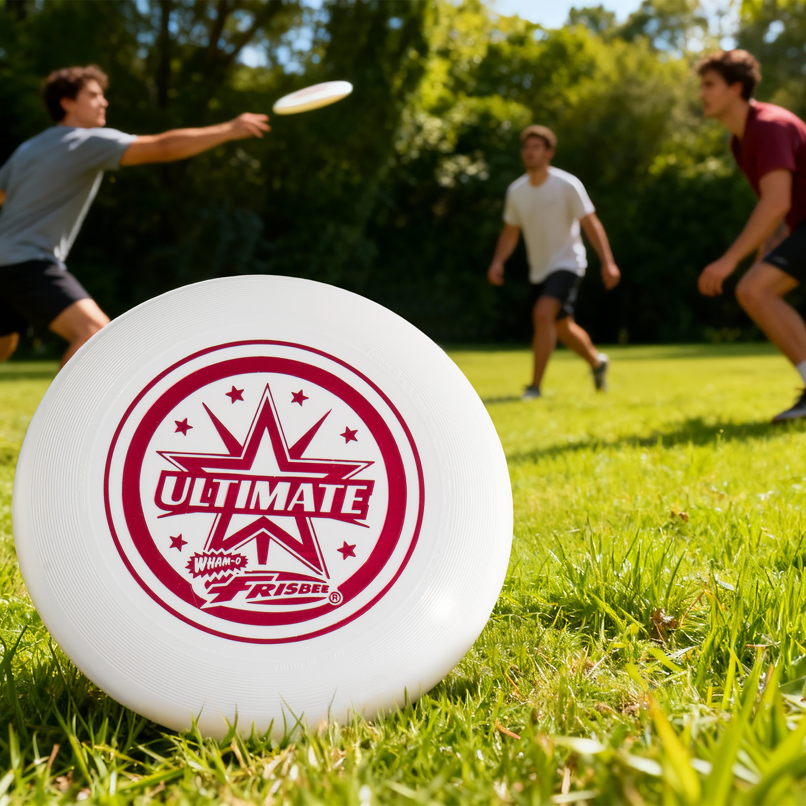 Frisbee im Fokus mit Spielern im Hintergrund. Einer wirft die Frisbee. Grünes Gras und Bäume sind im Hintergrund.