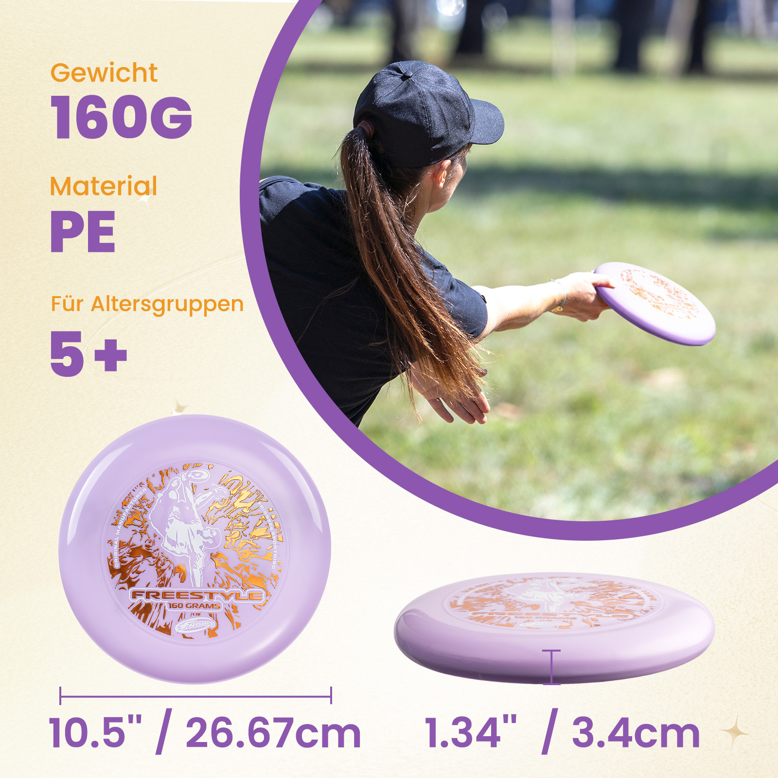 Eine Frau wirft eine lila Frisbeescheibe. Die Scheibe ist mit Freestyle beschriftet. Text zeigt Gewicht, Material und Altersspanne.