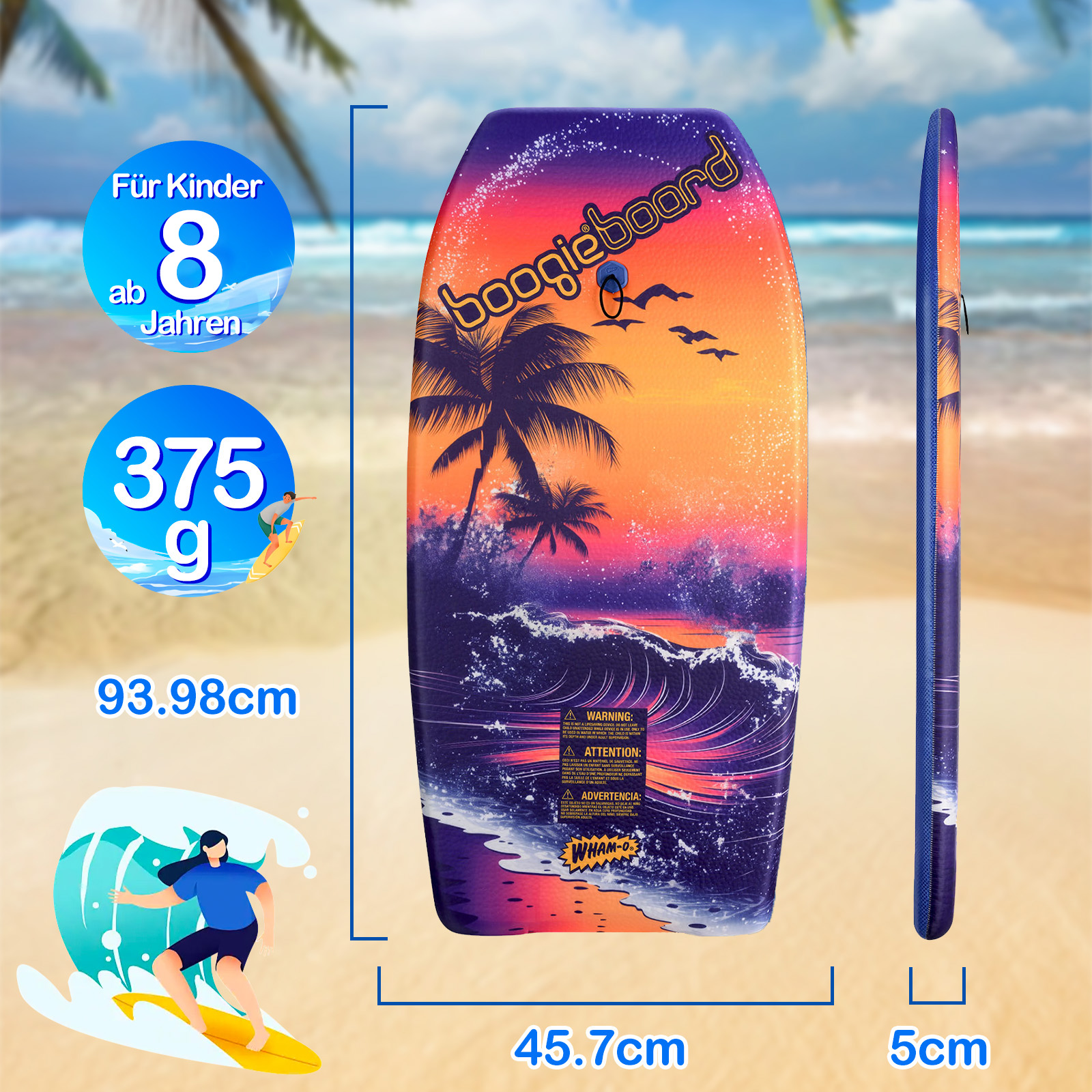 Boogie board con design a scena di spiaggia. Dimensioni e avvertenze visualizzate. Per bambini dagli 8 anni in su.