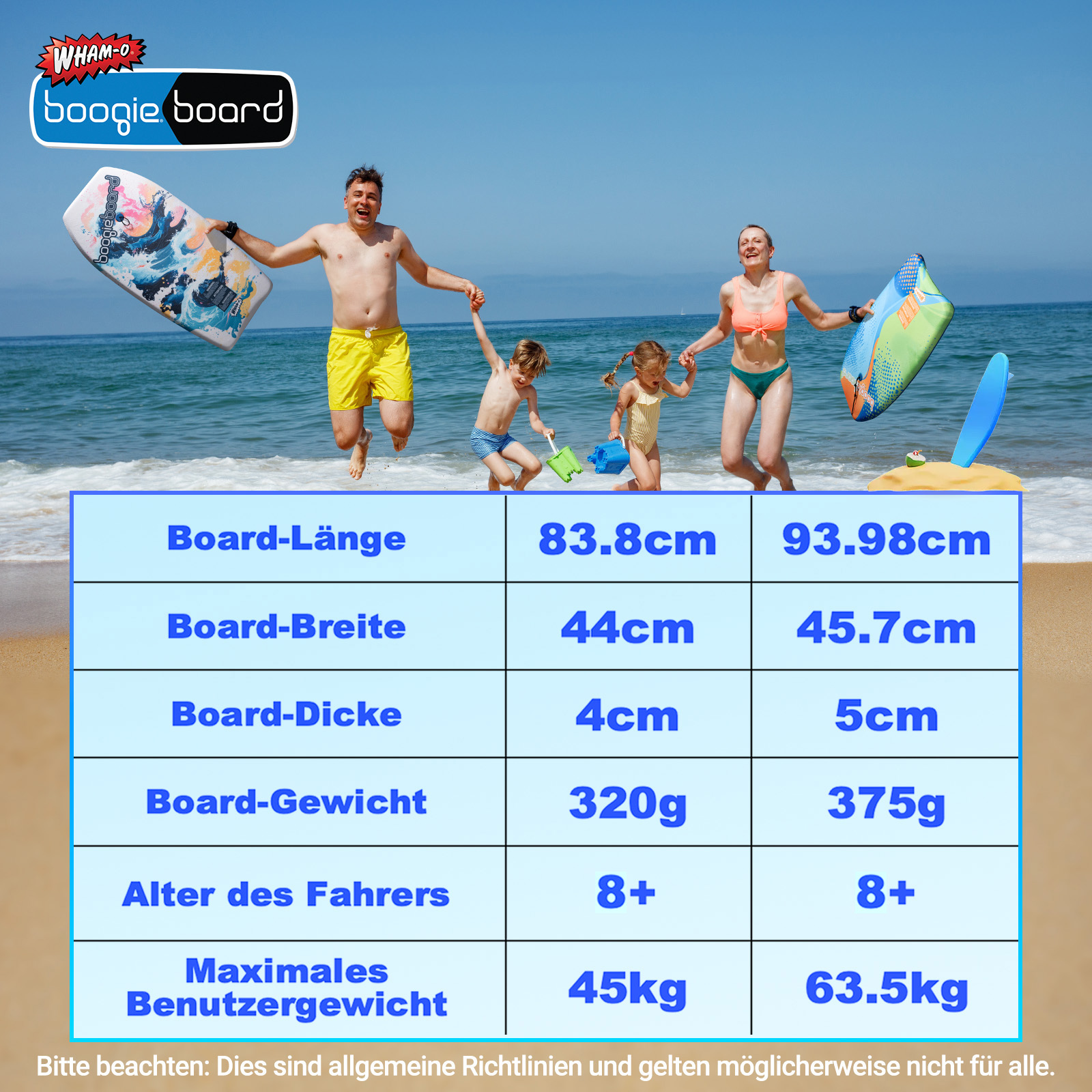 Una famiglia salta sulla spiaggia, con boogie board. Presente anche una tabella con specifiche e misure.