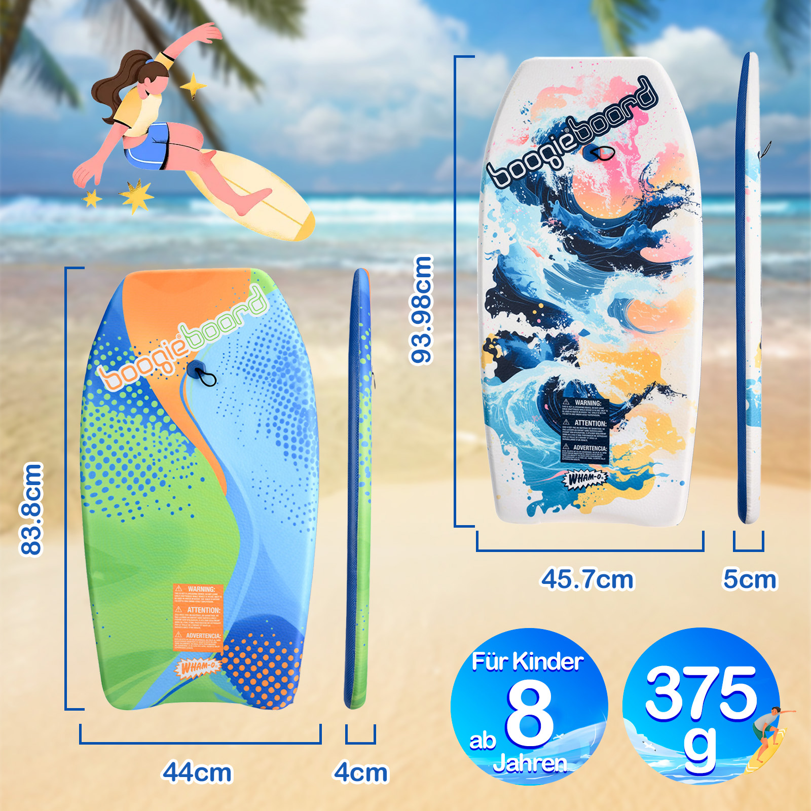 L'immagine mostra tre boogie board, un'illustrazione di un surfista e le specifiche del prodotto: dimensioni, peso e fascia d'età.