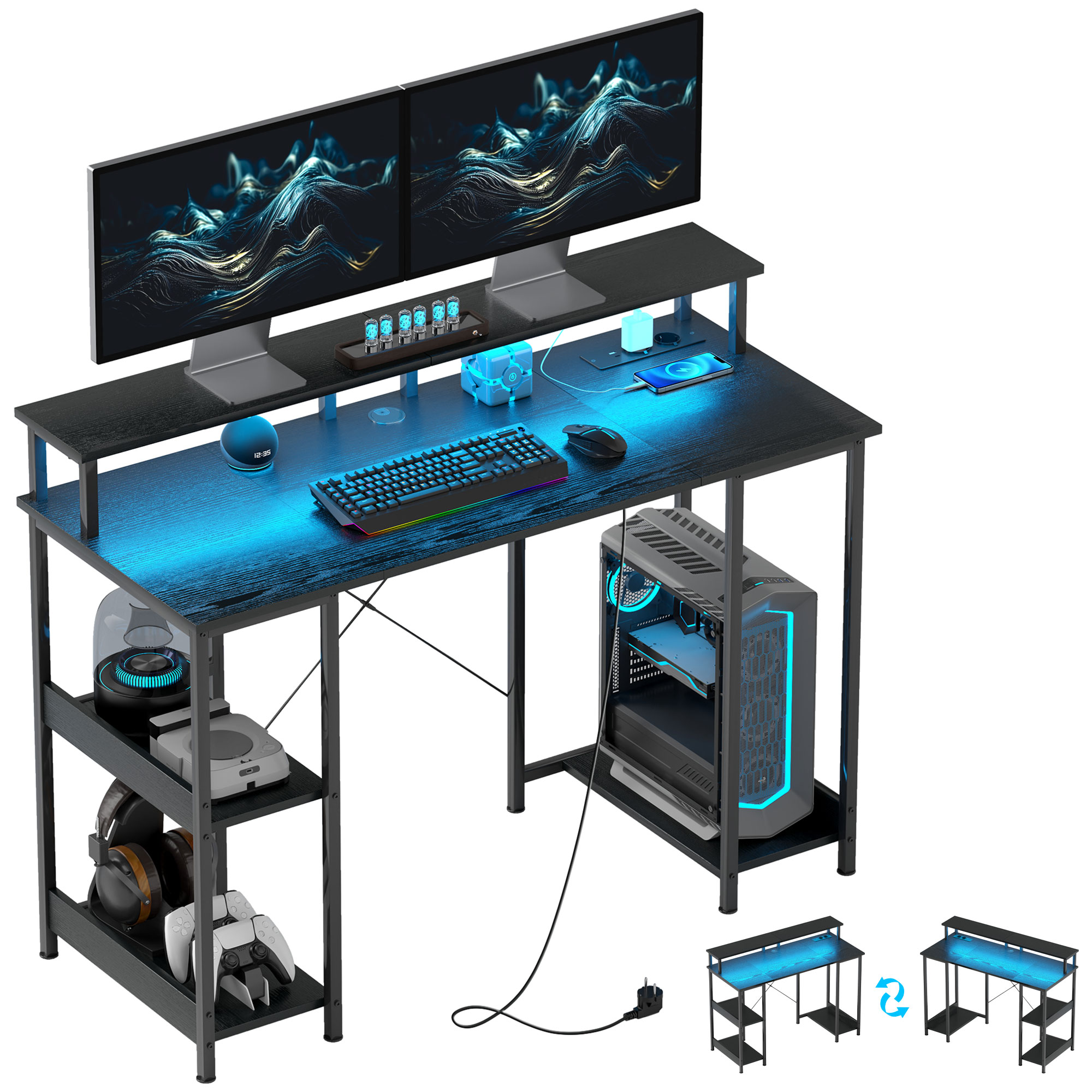 Scrivania da gioco con doppi monitor, tastiera, mouse, PC e ripiani con accessori. Tavolo nero con illuminazione a LED blu.