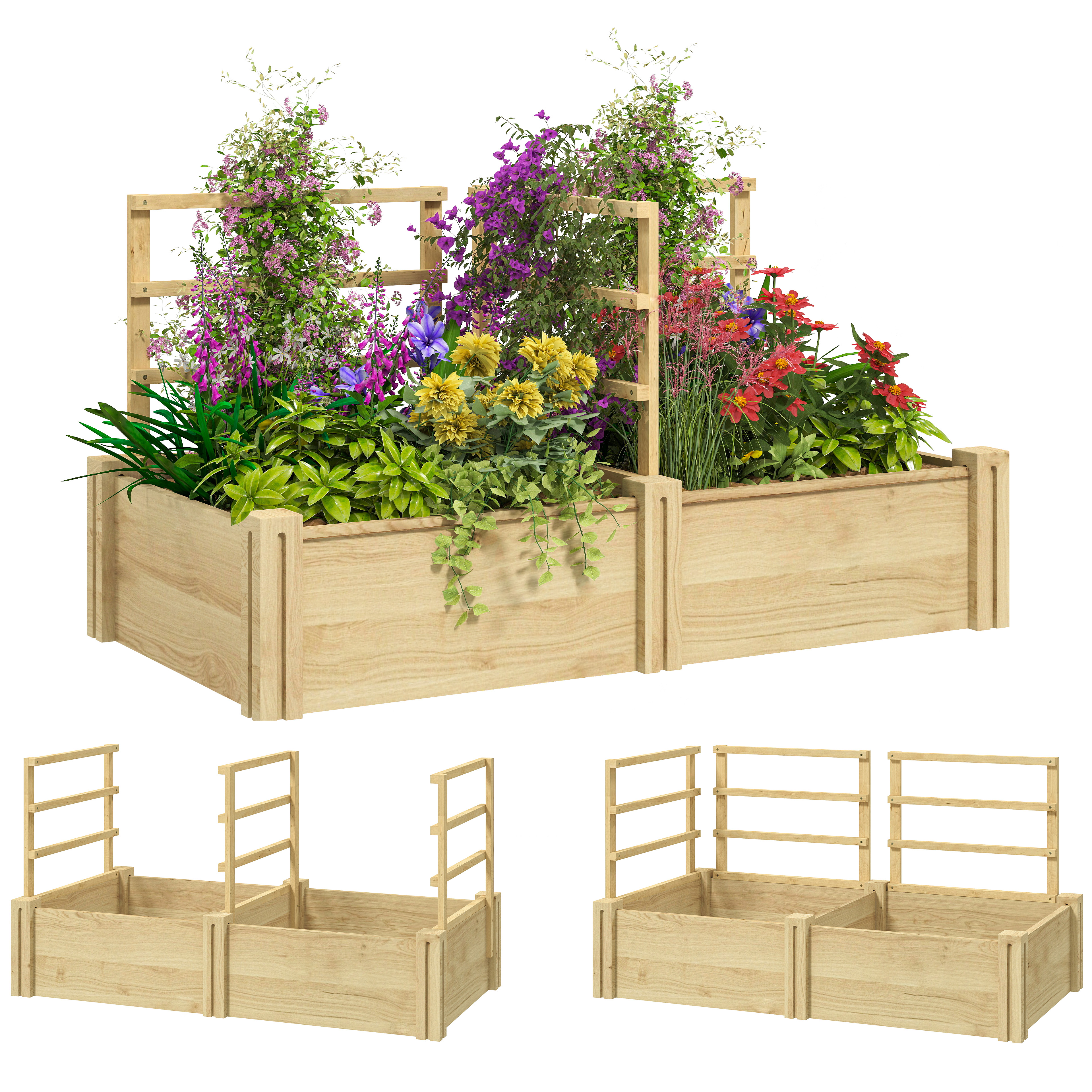 Aiuola in legno con fiori e piante rampicanti. Traliccio sul retro. Ulteriori aiuole sono mostrate sotto.