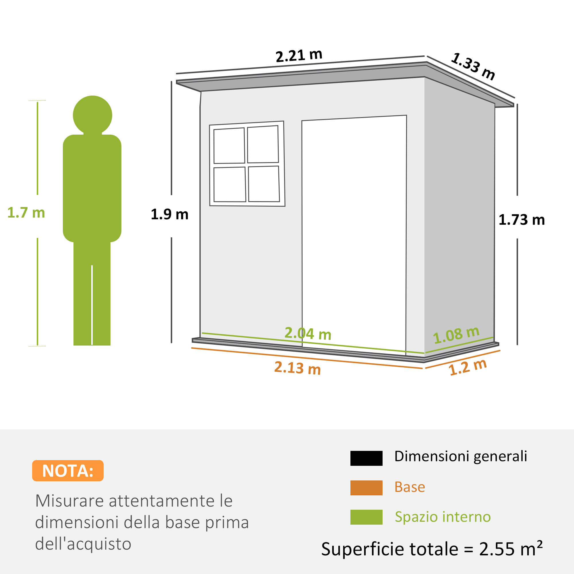 Diagramma di un piccolo edificio con dimensioni e una figura verde. Ha una porta, una finestra e un tetto. Le dimensioni sono indicate.