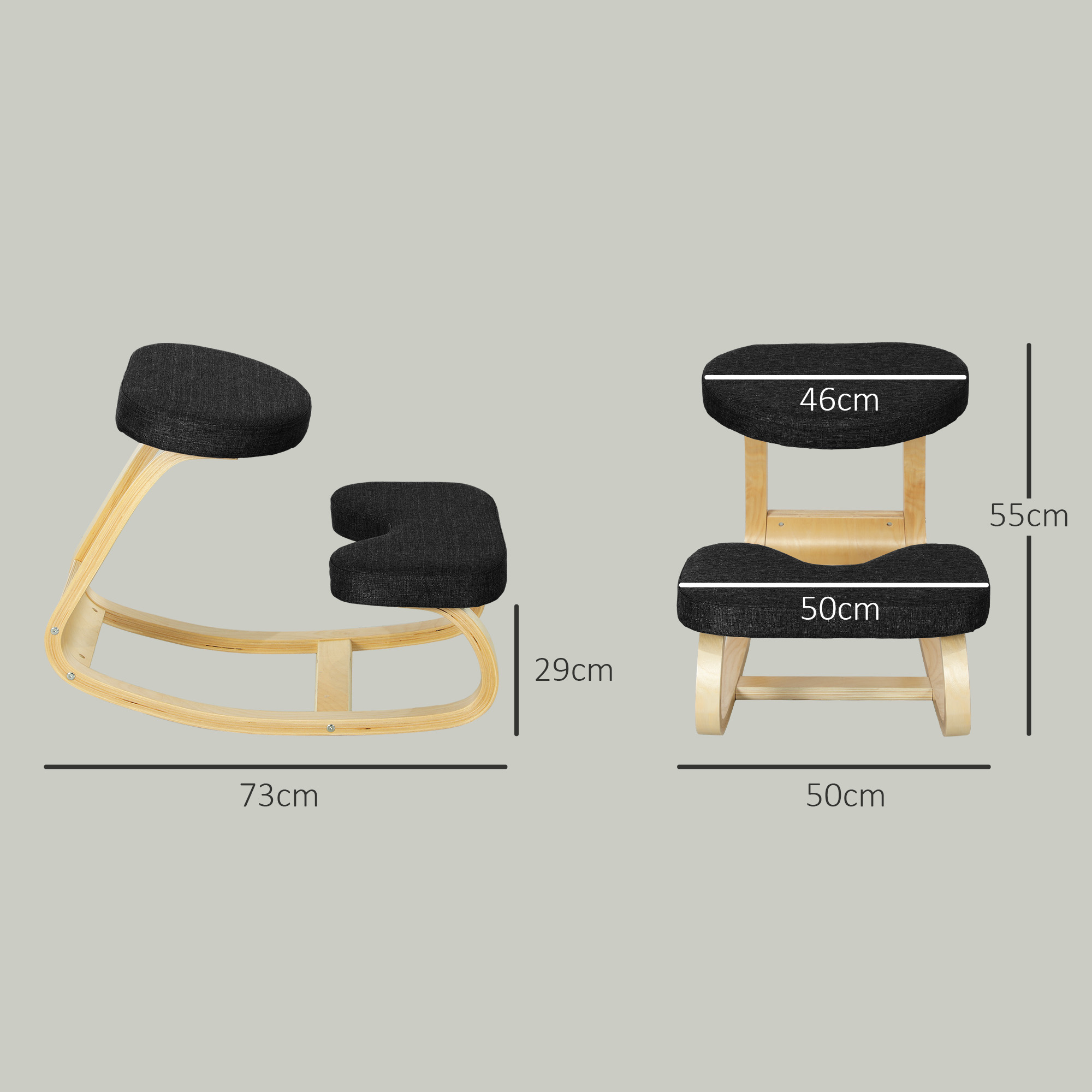 Una sedia ergonomica in ginocchio con cuscini neri e telaio in legno chiaro, le dimensioni sono visualizzate.