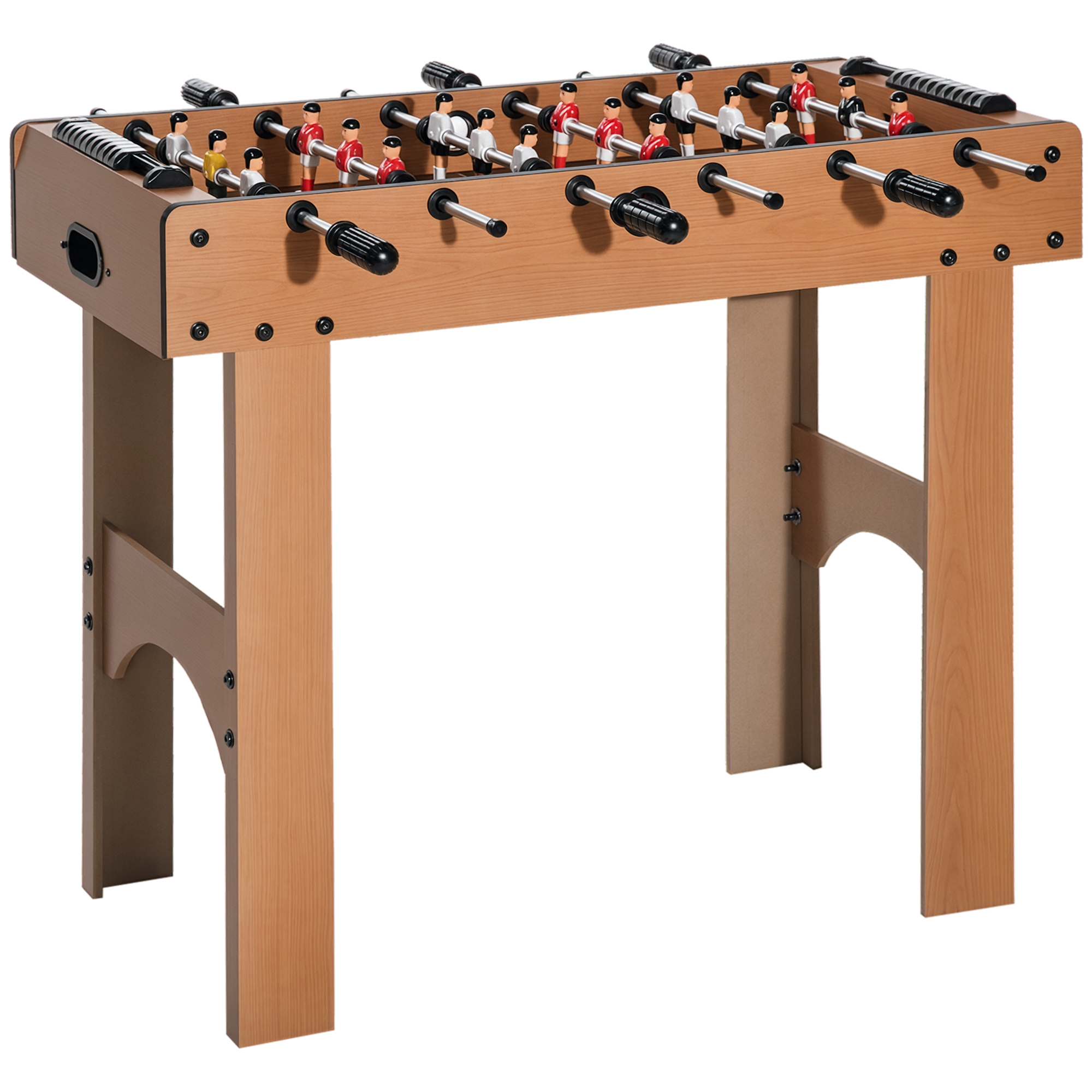 Tavolo da biliardino in legno marrone chiaro. I giocatori in uniforme rossa e bianca sono sulle aste. Anche le gambe sono marrone chiaro.